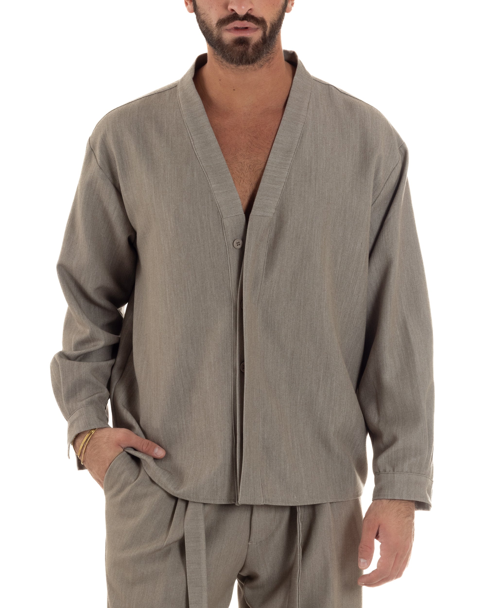 Coordinato Viscosa Uomo Camicia Scollo V Pantaloni Baggy Beige Melangiato OU2550A