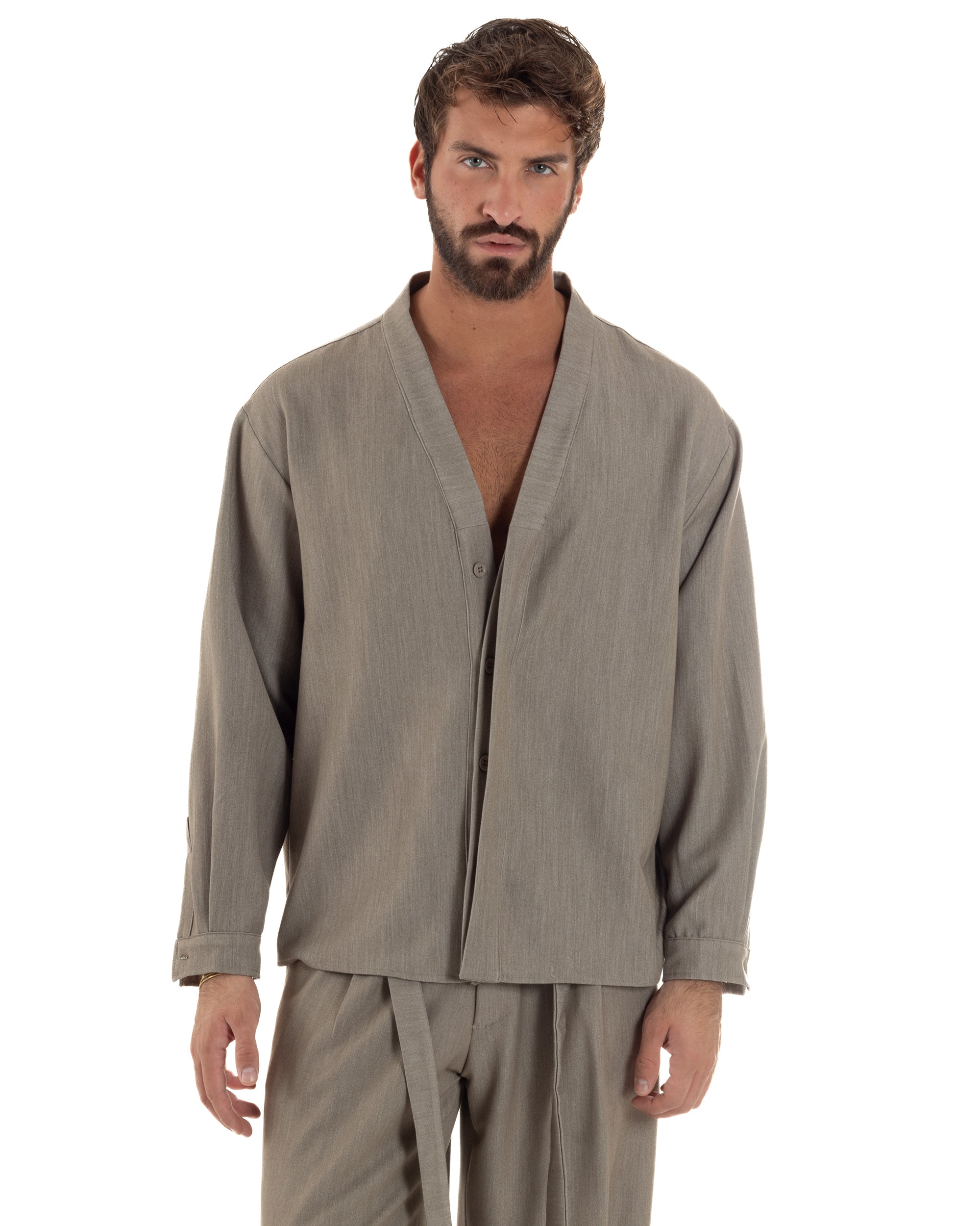 Coordinato Viscosa Uomo Camicia Scollo V Pantaloni Baggy Beige Melangiato OU2550A