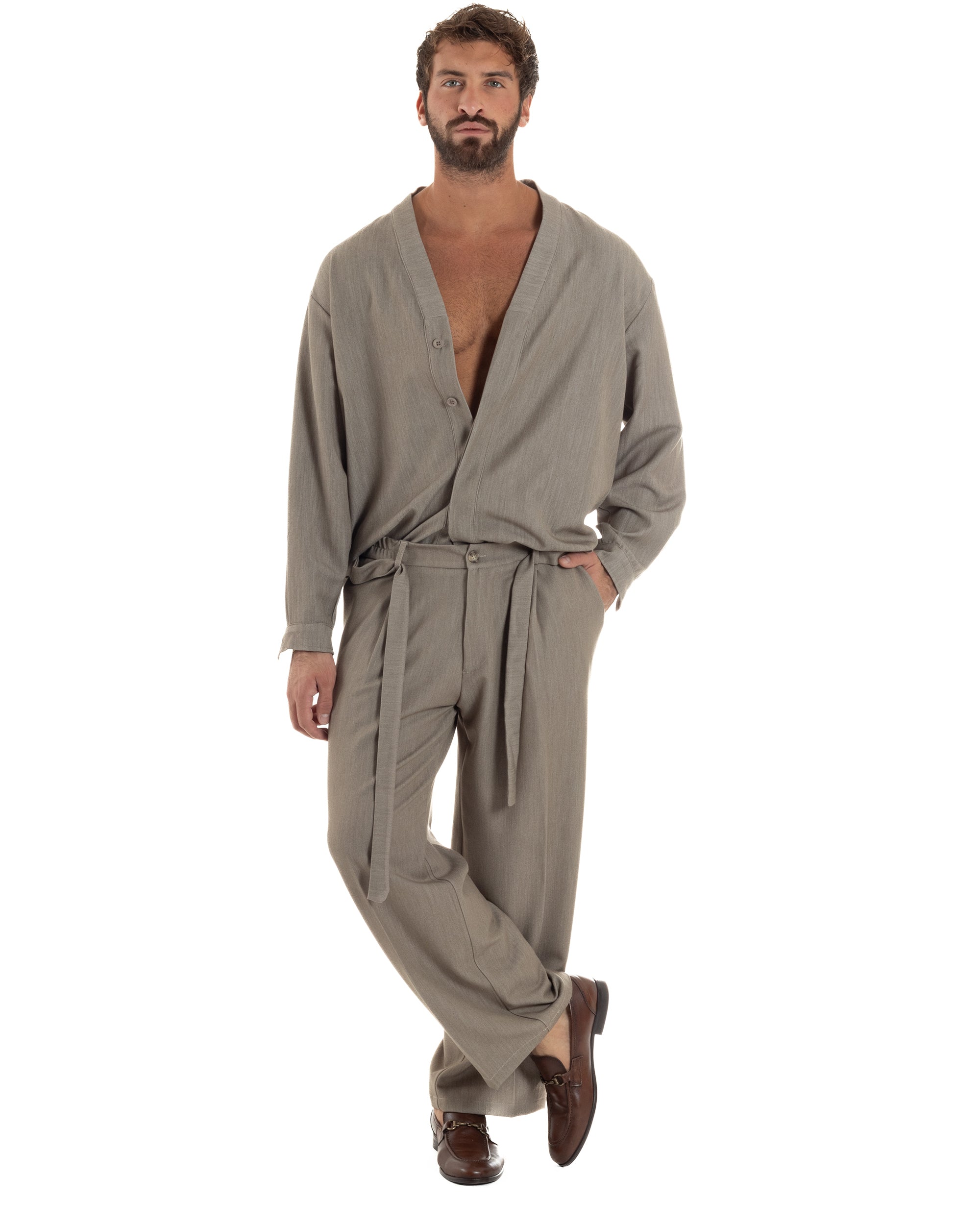 Coordinato Viscosa Uomo Camicia Scollo V Pantaloni Baggy Beige Melangiato OU2550A