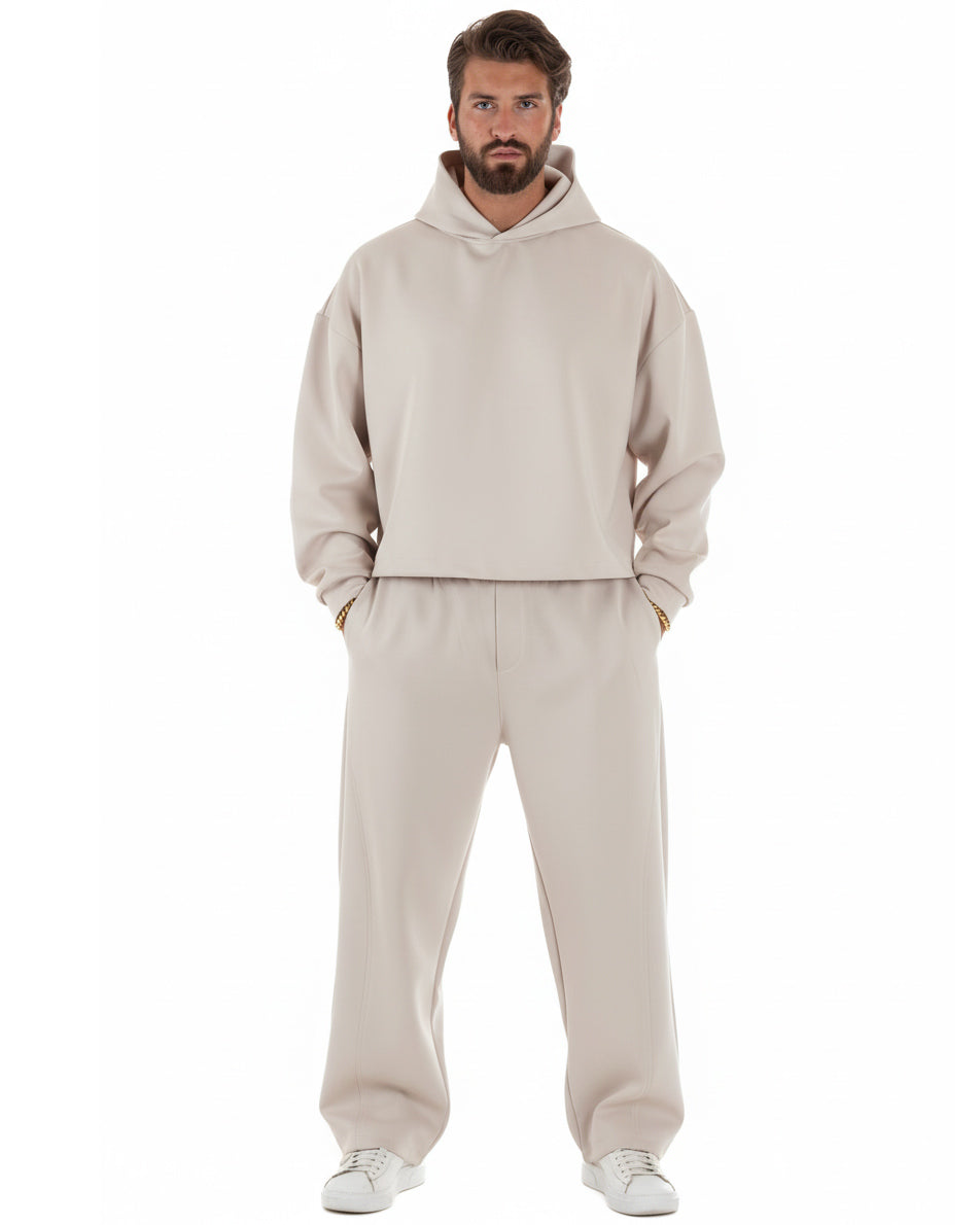 Coordinato uomo panna felpa boxy crop e pantaloni baggy casual