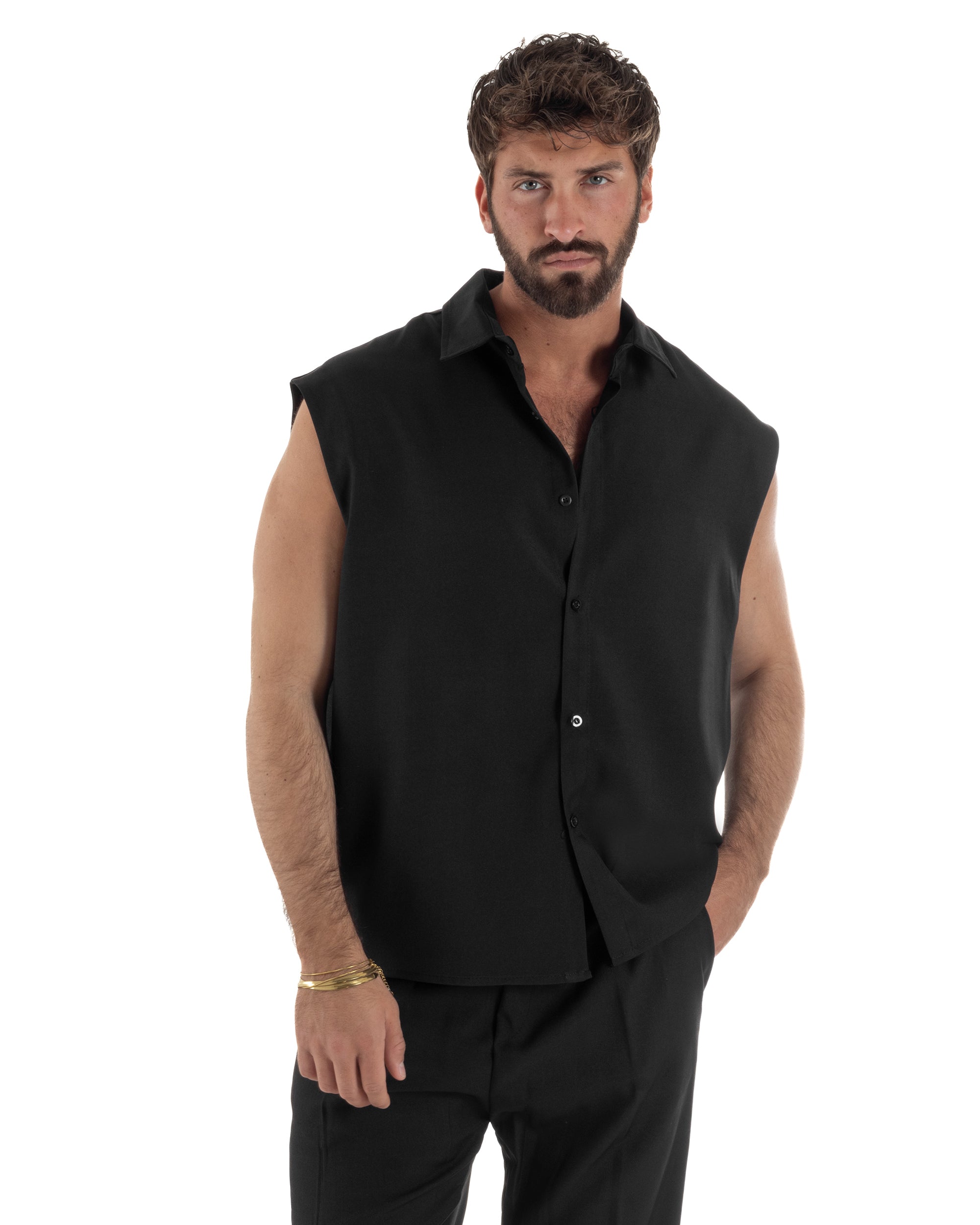 Coordinato uomo viscosa camicia giromanica pantaloni coulisse nero GIOSAL-OU2554A