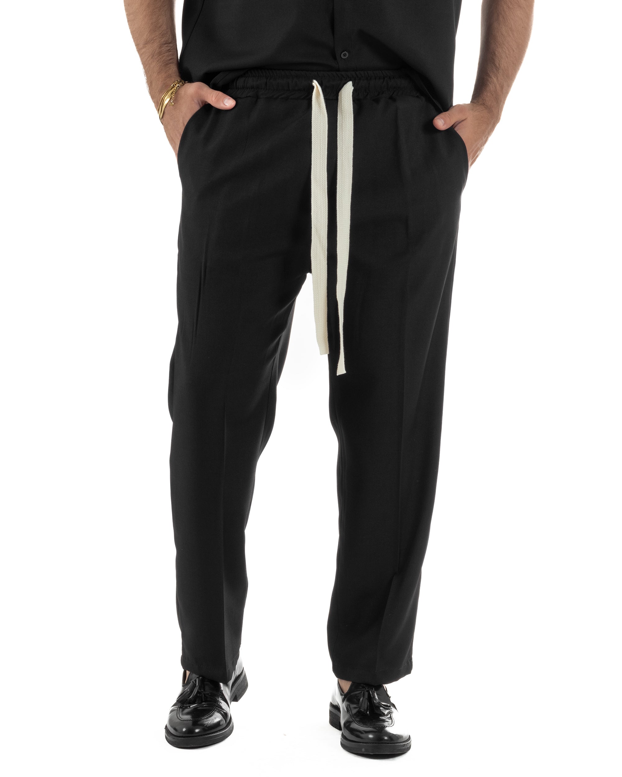 Coordinato uomo viscosa camicia giromanica pantaloni coulisse nero GIOSAL-OU2554A