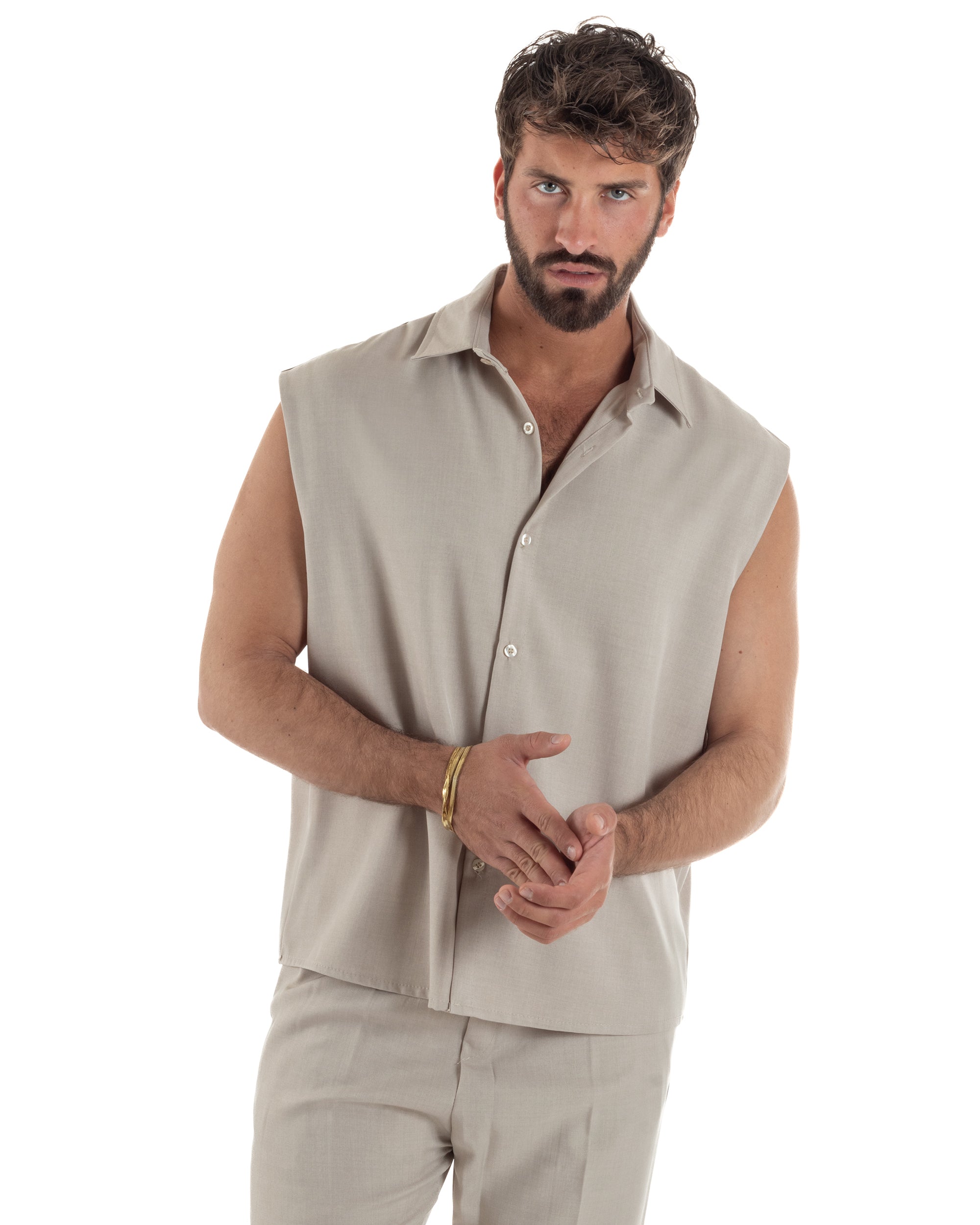 Coordinato uomo viscosa camicia giromanica pantaloni coulisse beige GIOSAL-OU2555A