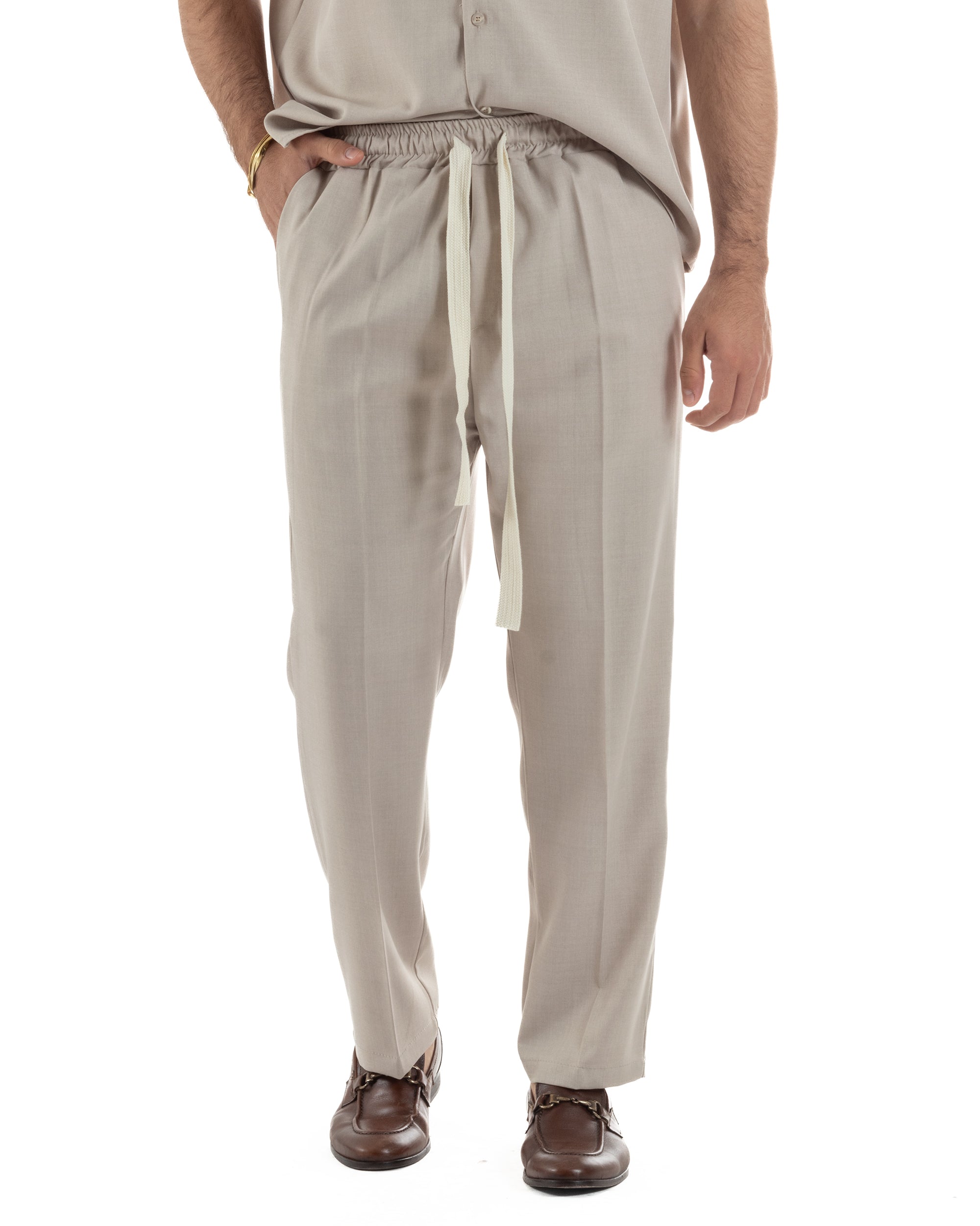 Coordinato uomo viscosa camicia giromanica pantaloni coulisse beige GIOSAL-OU2555A