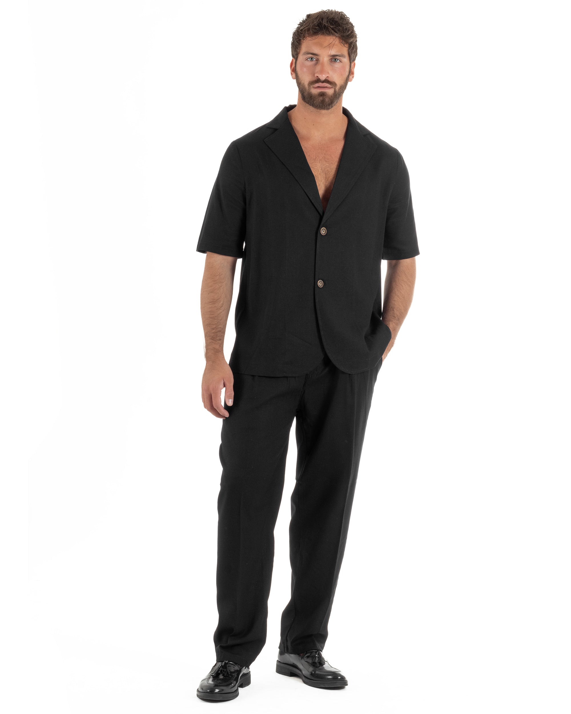 Coordinato uomo completo lino camicia maniche corte pantaloni relaxed fit nero GIOSAL-OU2556A