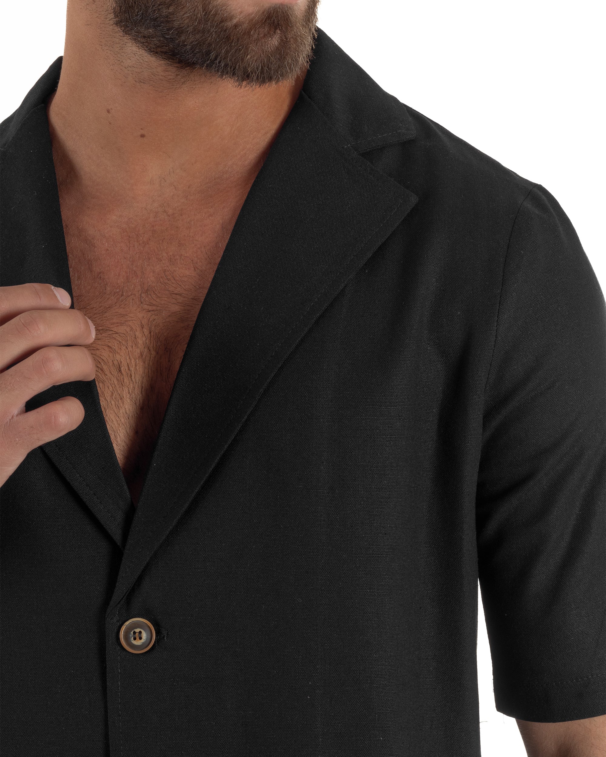 Coordinato uomo completo lino camicia maniche corte pantaloni relaxed fit nero GIOSAL-OU2556A