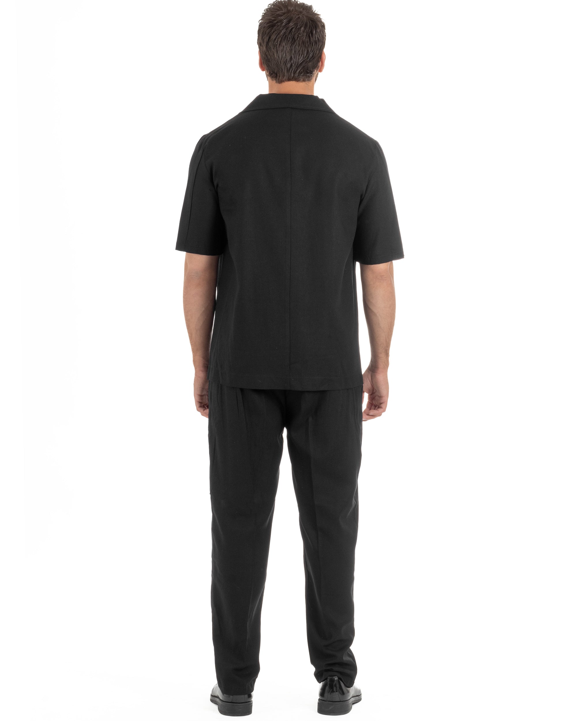 Coordinato uomo completo lino camicia maniche corte pantaloni relaxed fit nero GIOSAL-OU2556A