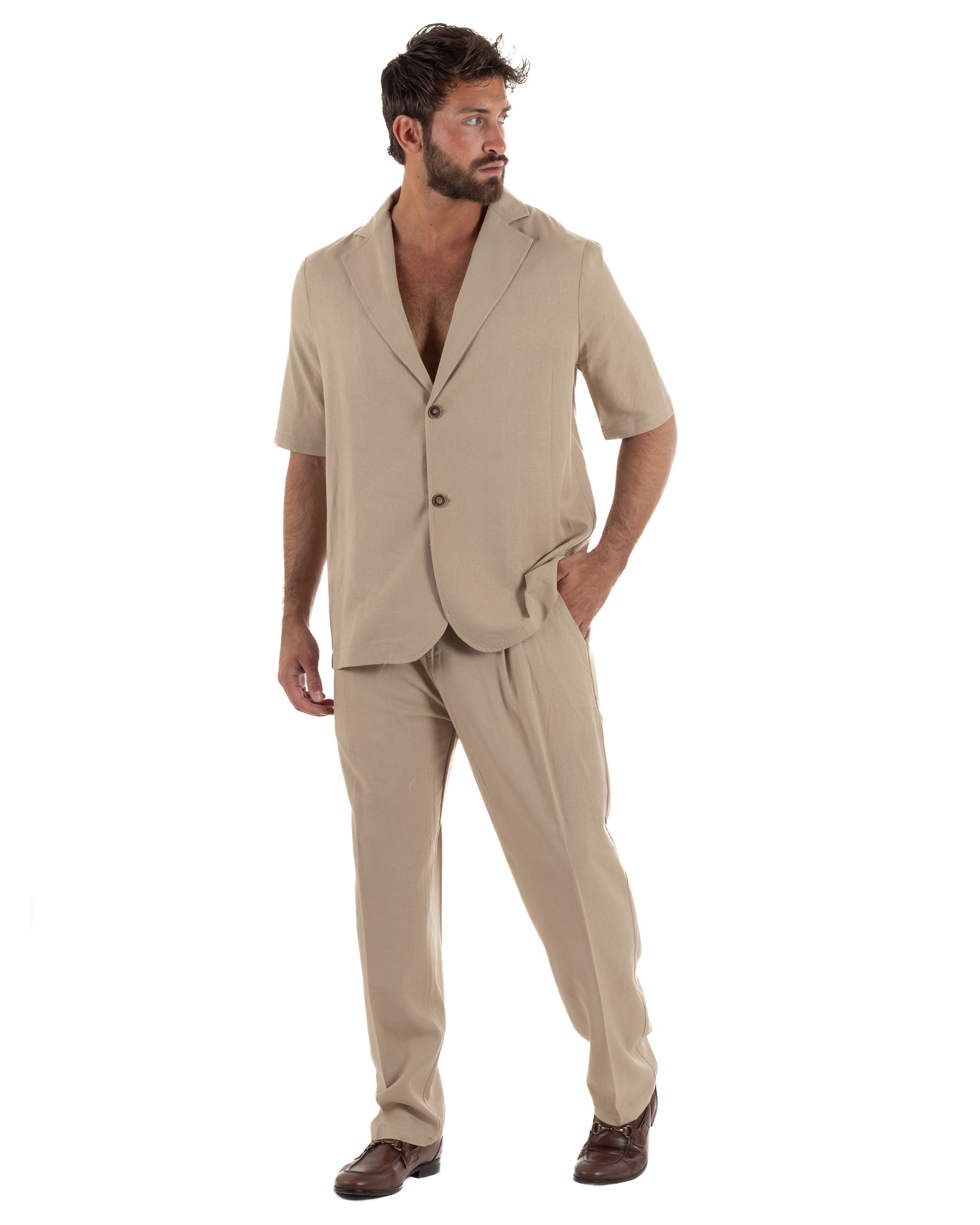 Coordinato uomo completo lino camicia maniche corte pantaloni relaxed fit beige GIOSAL-OU2557A