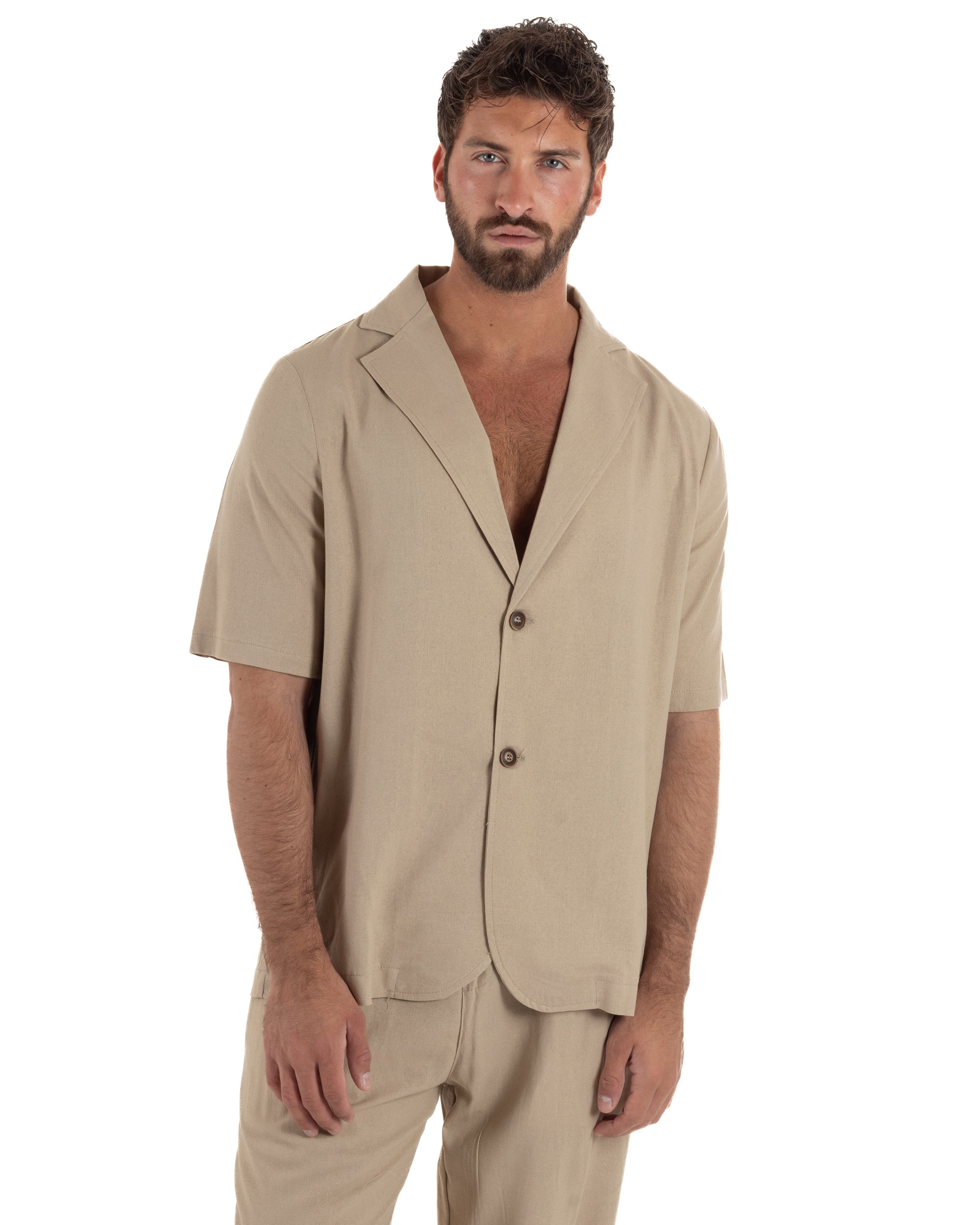 Coordinato uomo completo lino camicia maniche corte pantaloni relaxed fit beige GIOSAL-OU2557A