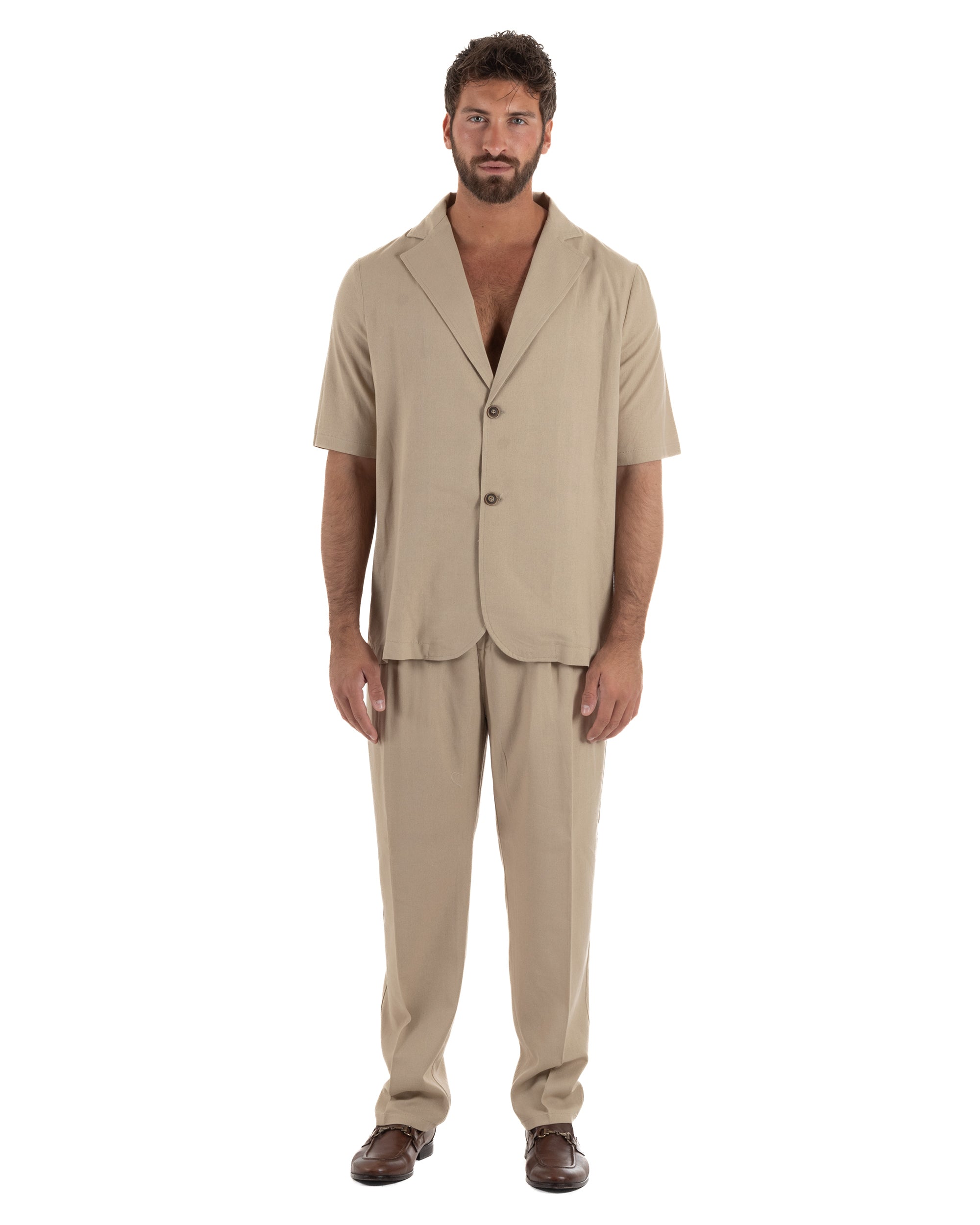 Coordinato uomo completo lino camicia maniche corte pantaloni relaxed fit beige GIOSAL-OU2557A