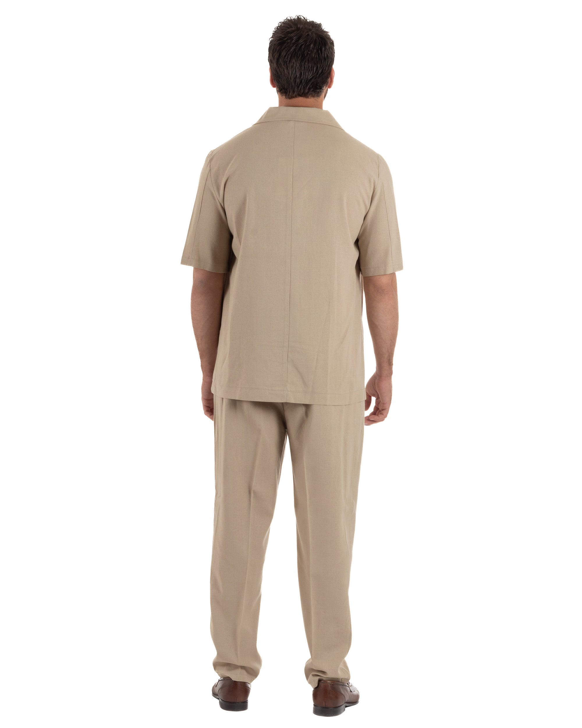 Coordinato uomo completo lino camicia maniche corte pantaloni relaxed fit beige GIOSAL-OU2557A