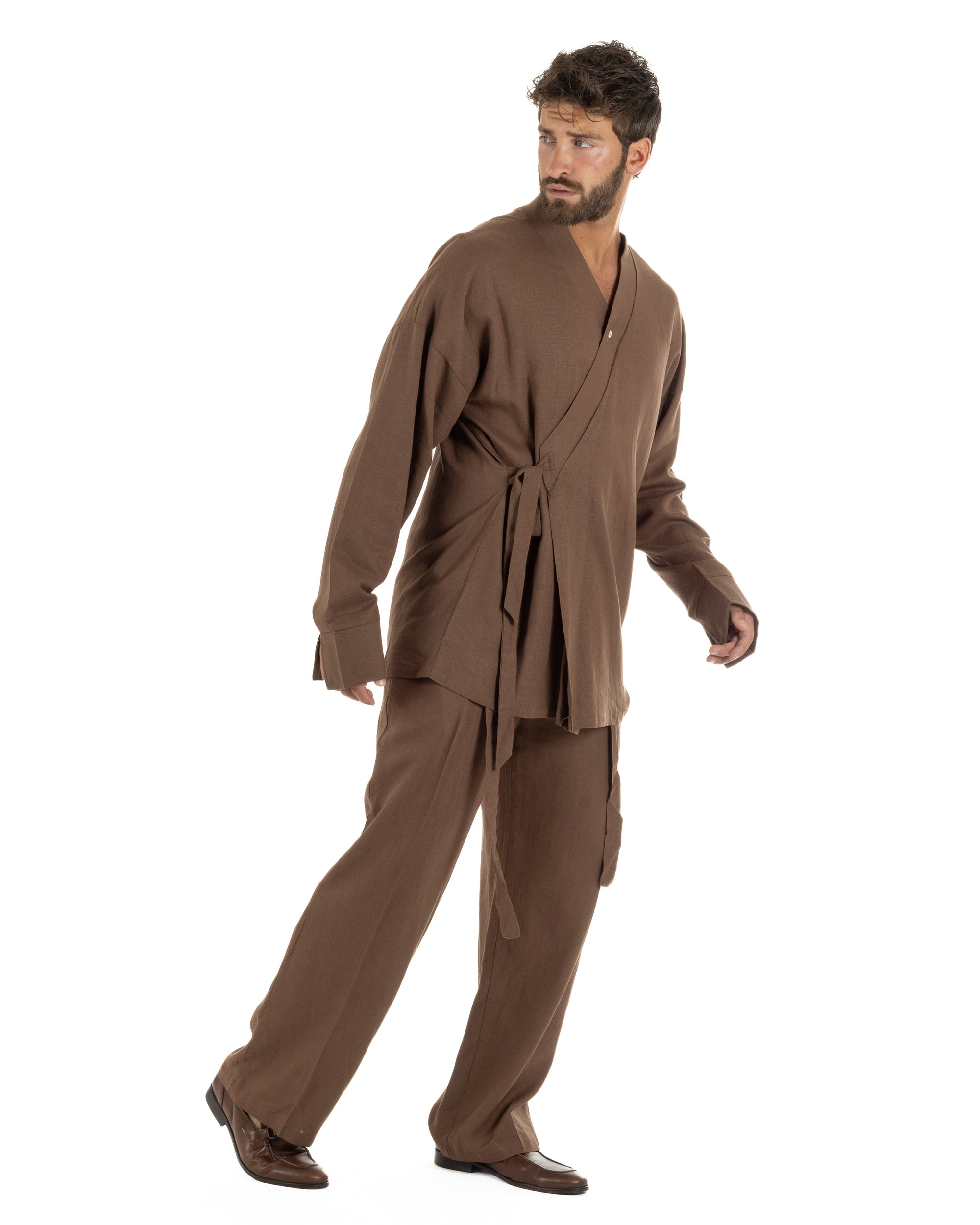 Outfit coordinato lino kimono pantaloni baggy corda morbido marrone GIOSAL-OU2559A