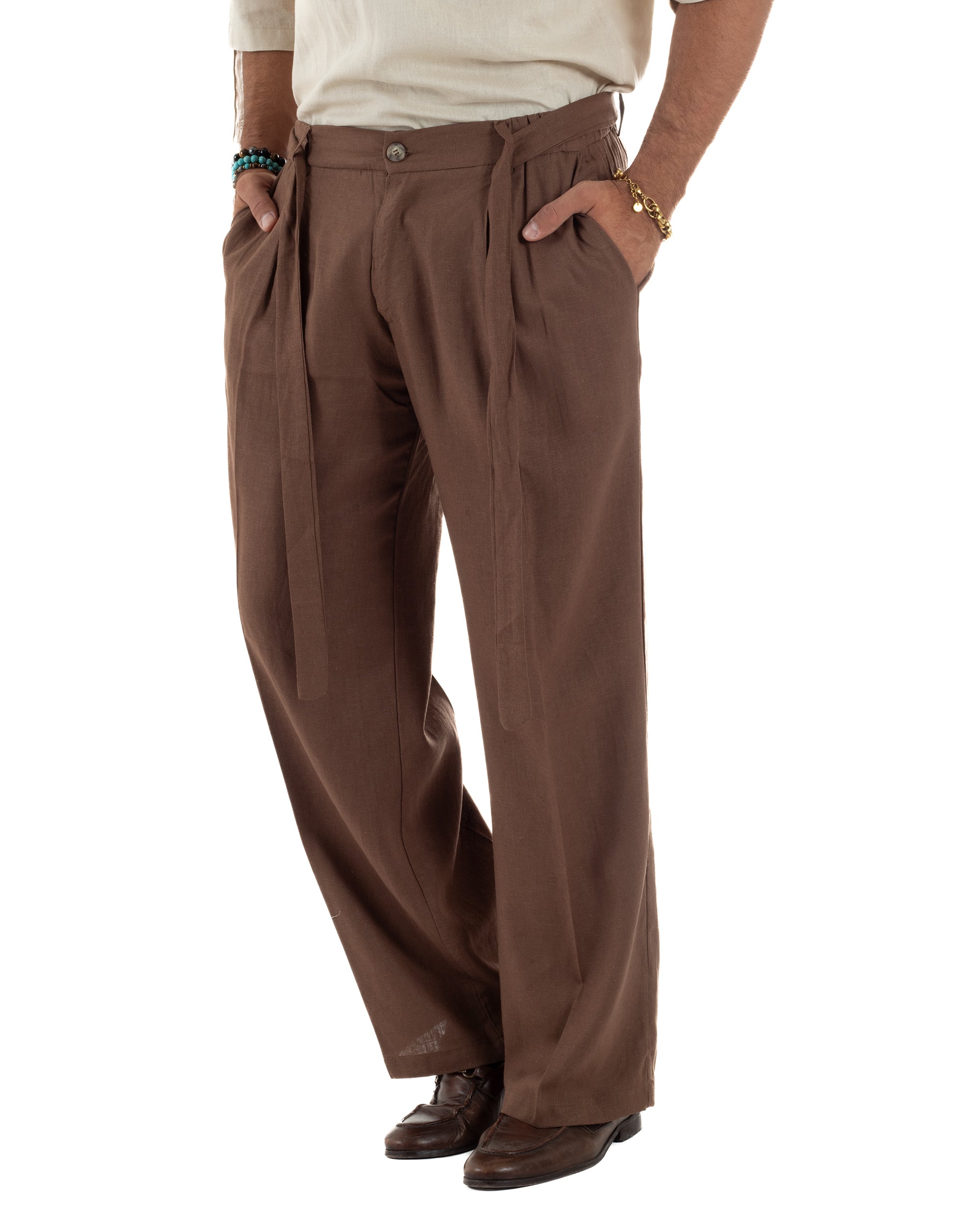Outfit coordinato lino kimono pantaloni baggy corda morbido marrone GIOSAL-OU2559A