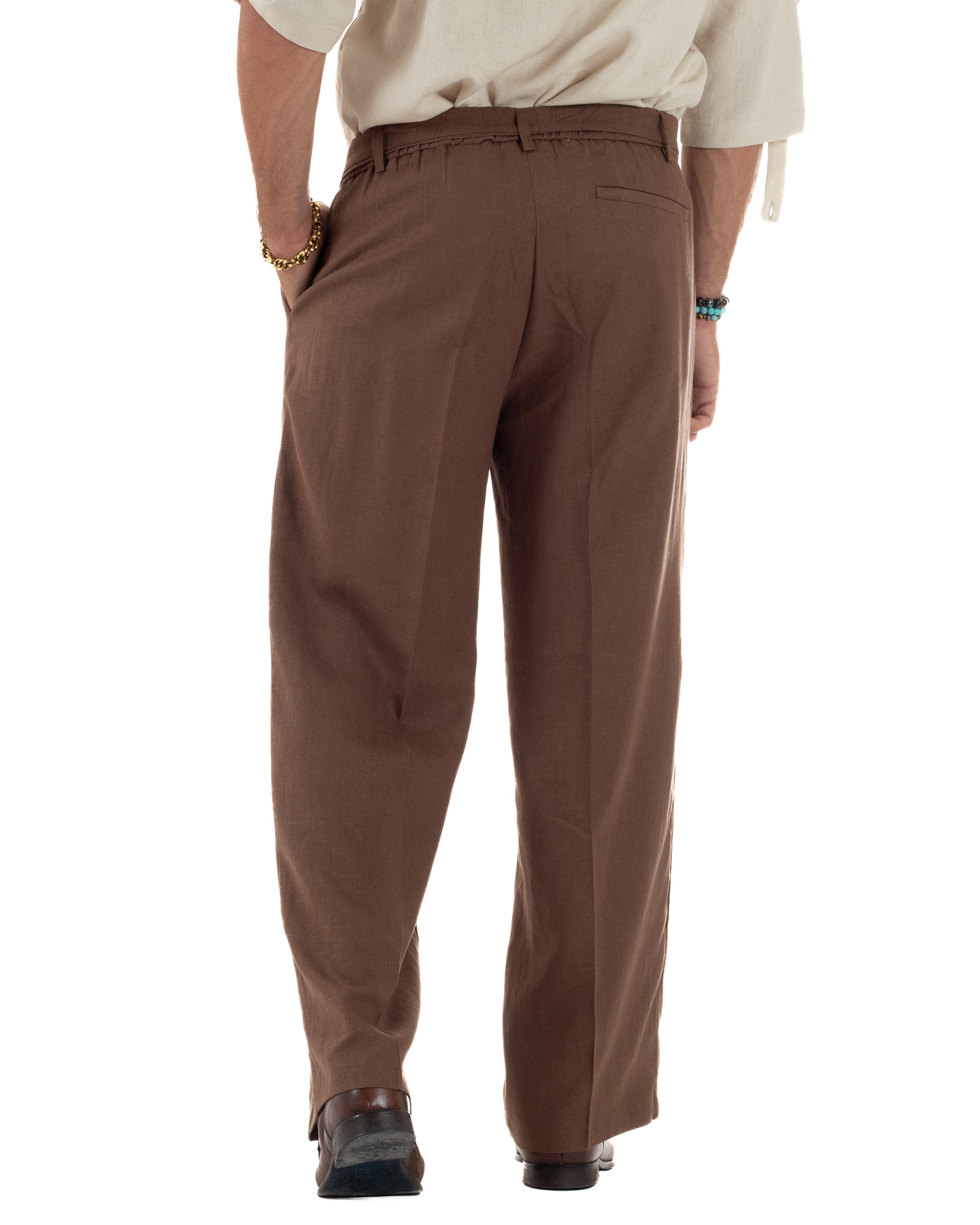 Outfit coordinato lino kimono pantaloni baggy corda morbido marrone GIOSAL-OU2559A