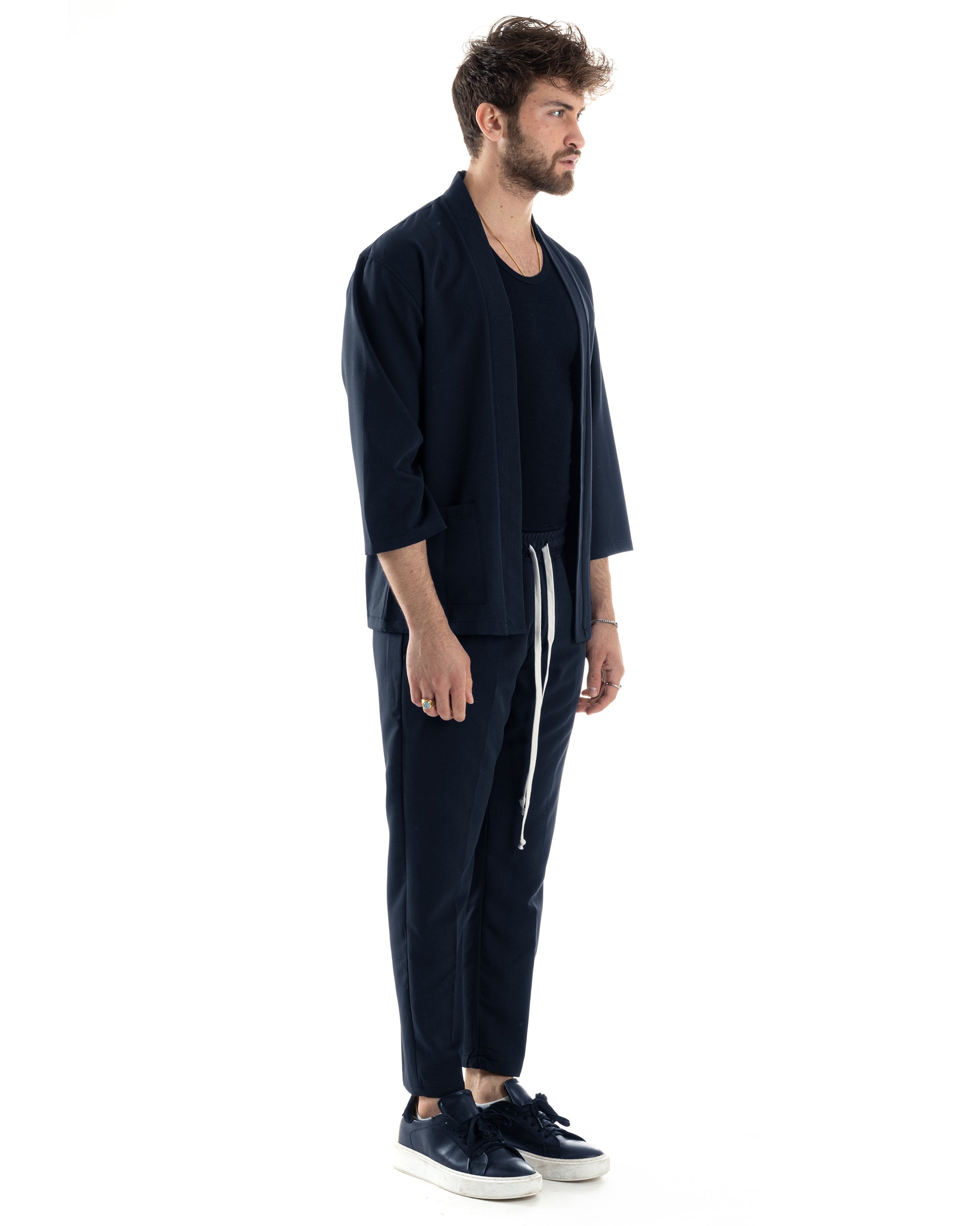 Completo set coordinato uomo giacca kimono pantaloni blu GIOSAL-OU2560A