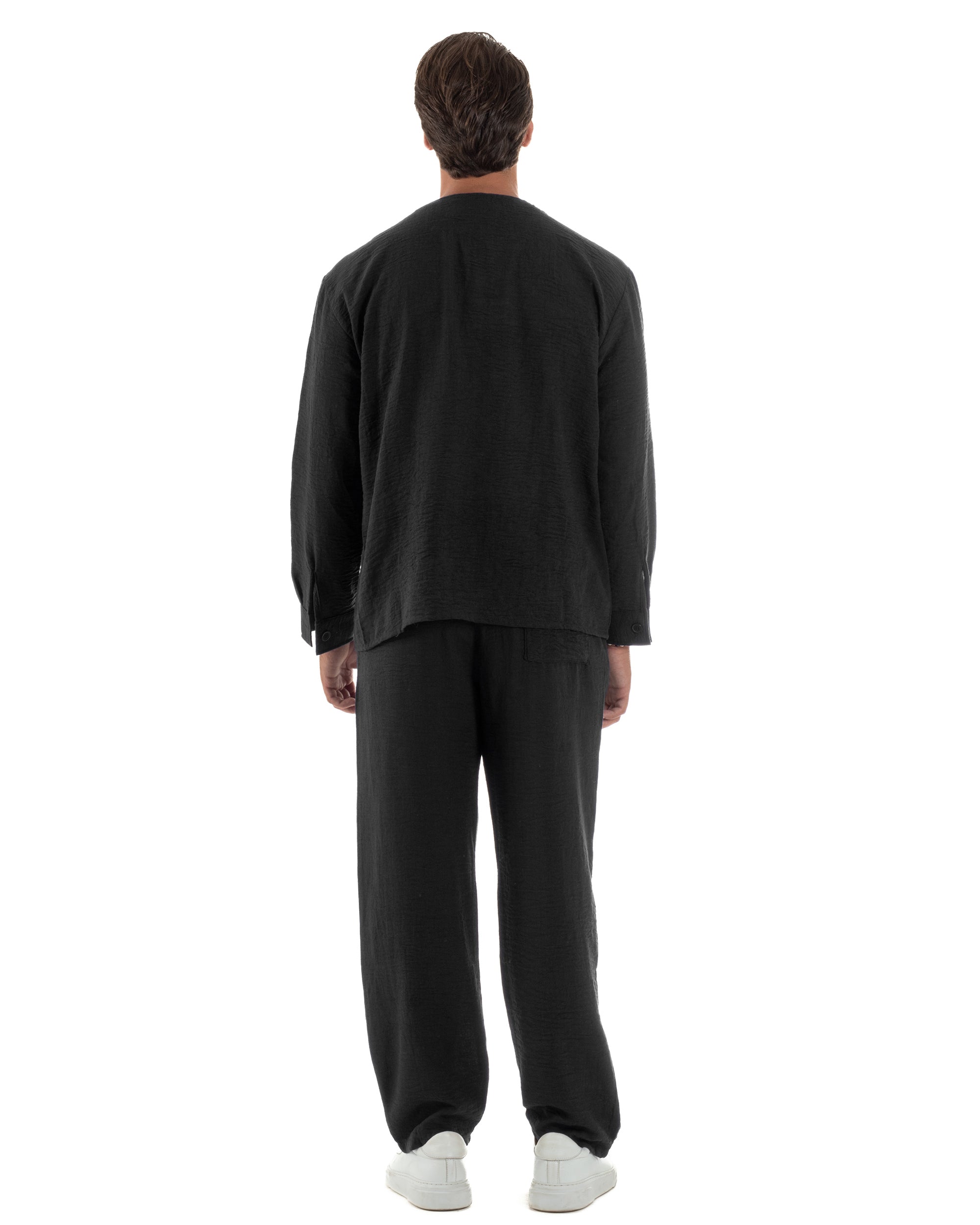 Coordinato viscosa fiammato giacca coreana scollo v pantaloni baggy nero GIOSAL-OU2561A