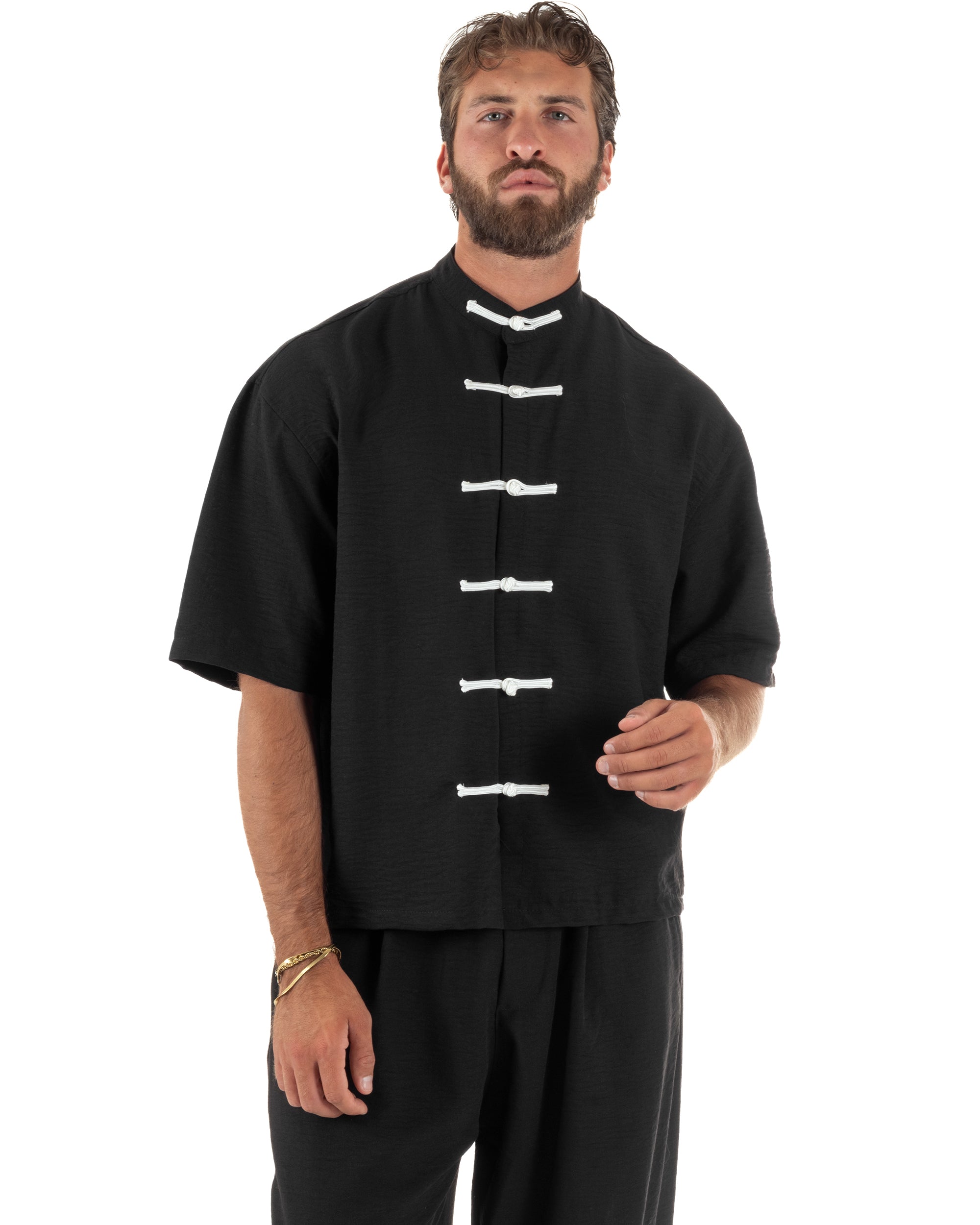 Coordinato uomo completo relaxed camicia coreana orientale pantaloni con coulisse nero GIOSAL-OU2562A