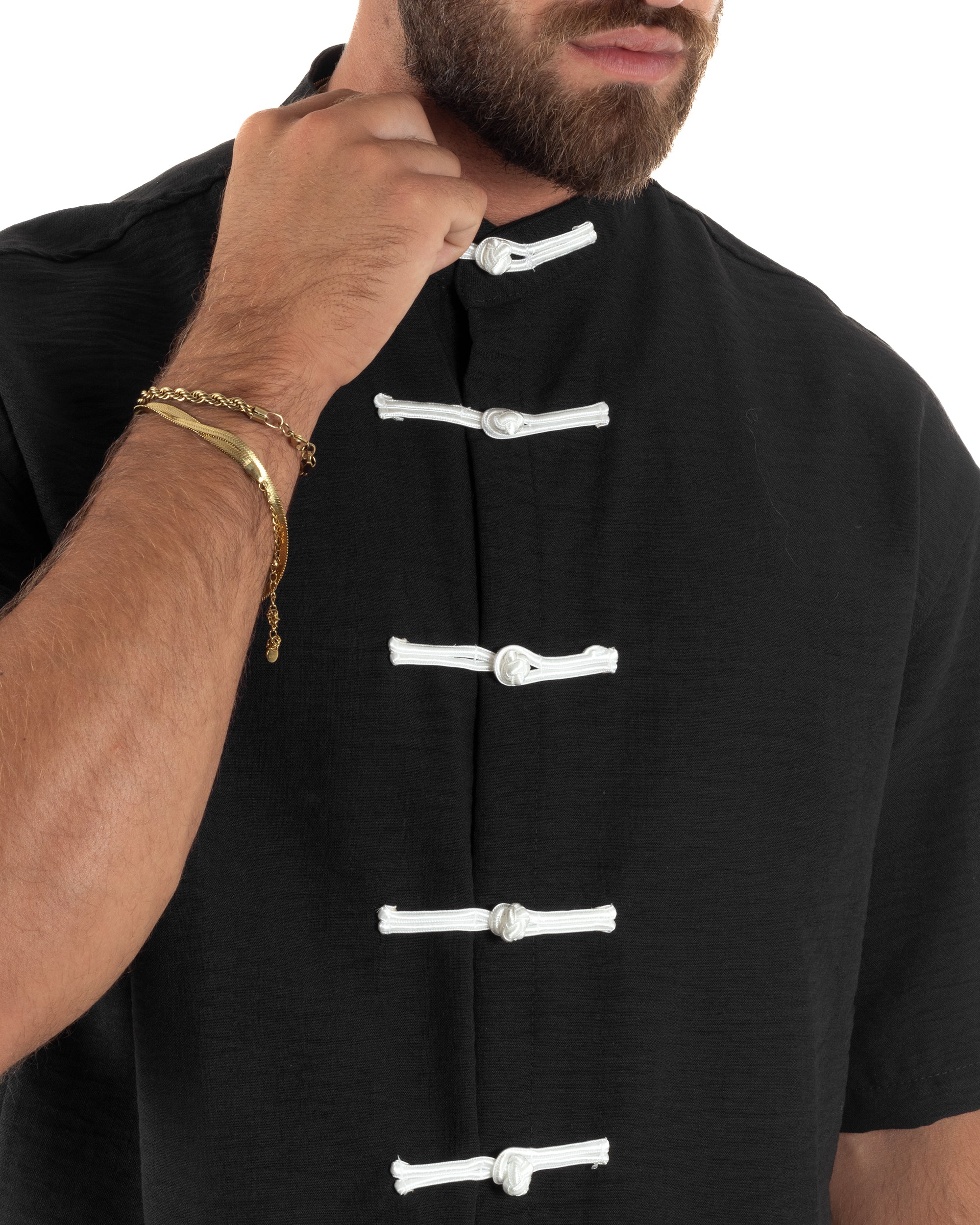 Coordinato uomo completo relaxed camicia coreana orientale pantaloni con coulisse nero GIOSAL-OU2562A