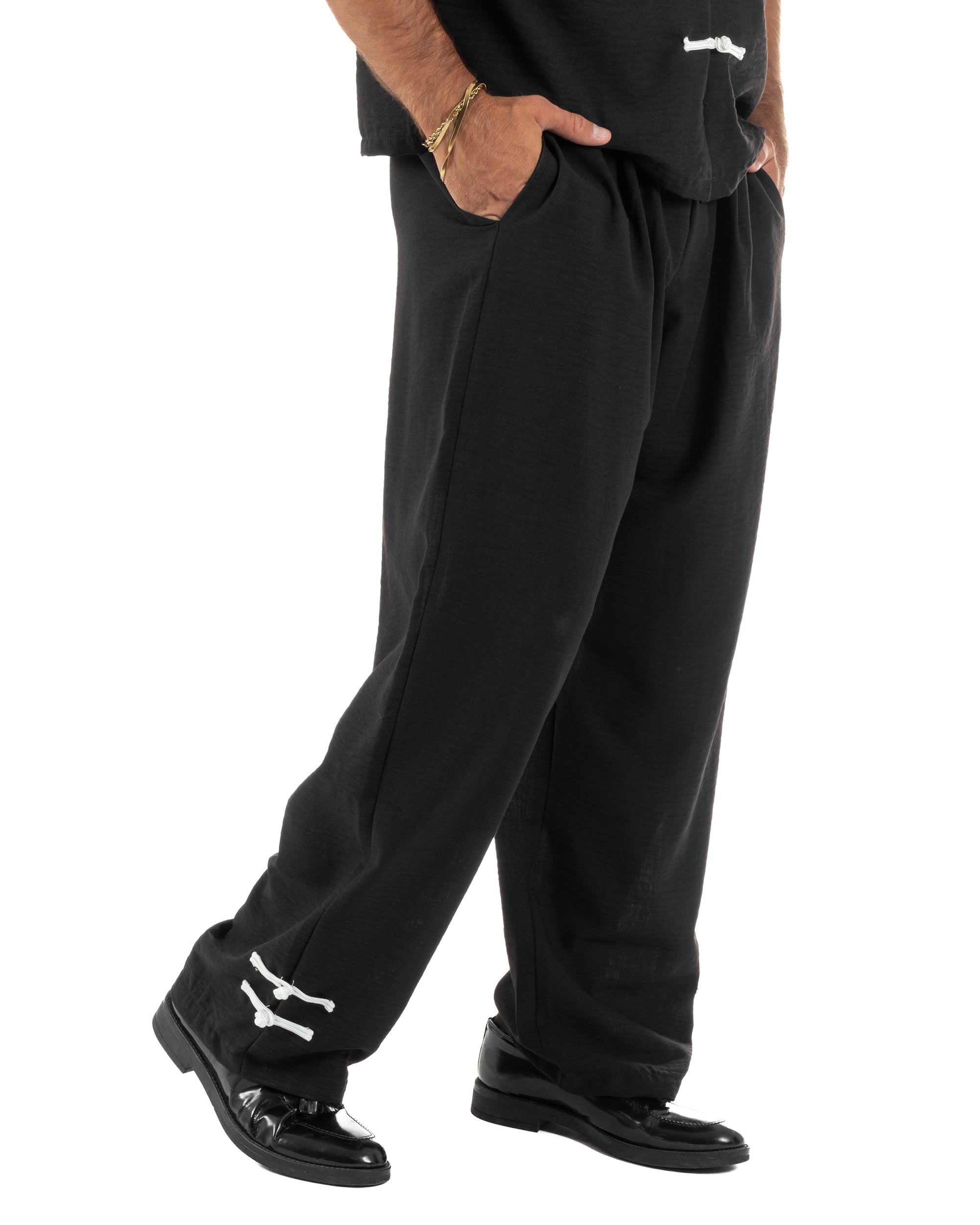 Coordinato uomo completo relaxed camicia coreana orientale pantaloni con coulisse nero GIOSAL-OU2562A