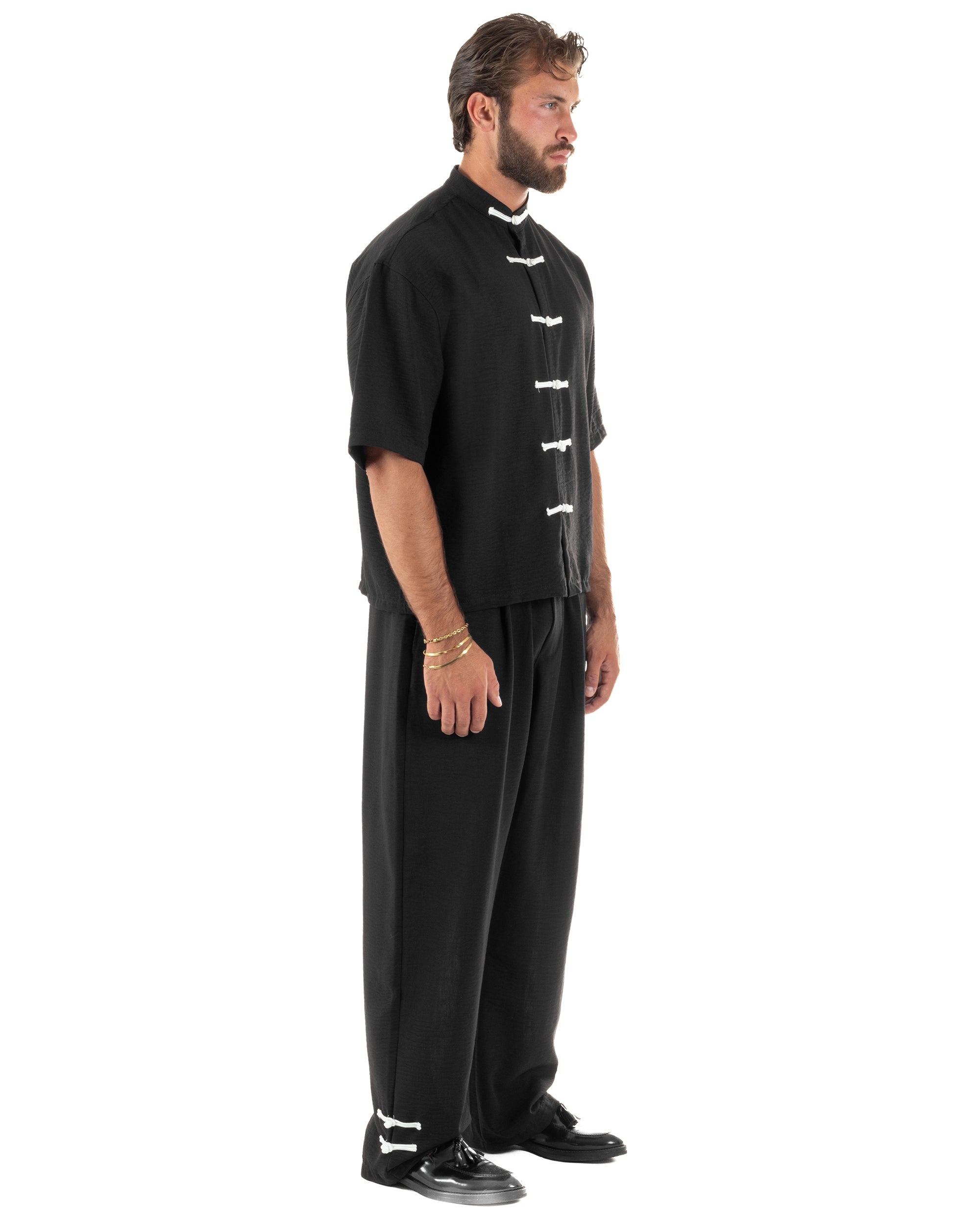 Coordinato uomo completo relaxed camicia coreana orientale pantaloni con coulisse nero GIOSAL-OU2562A