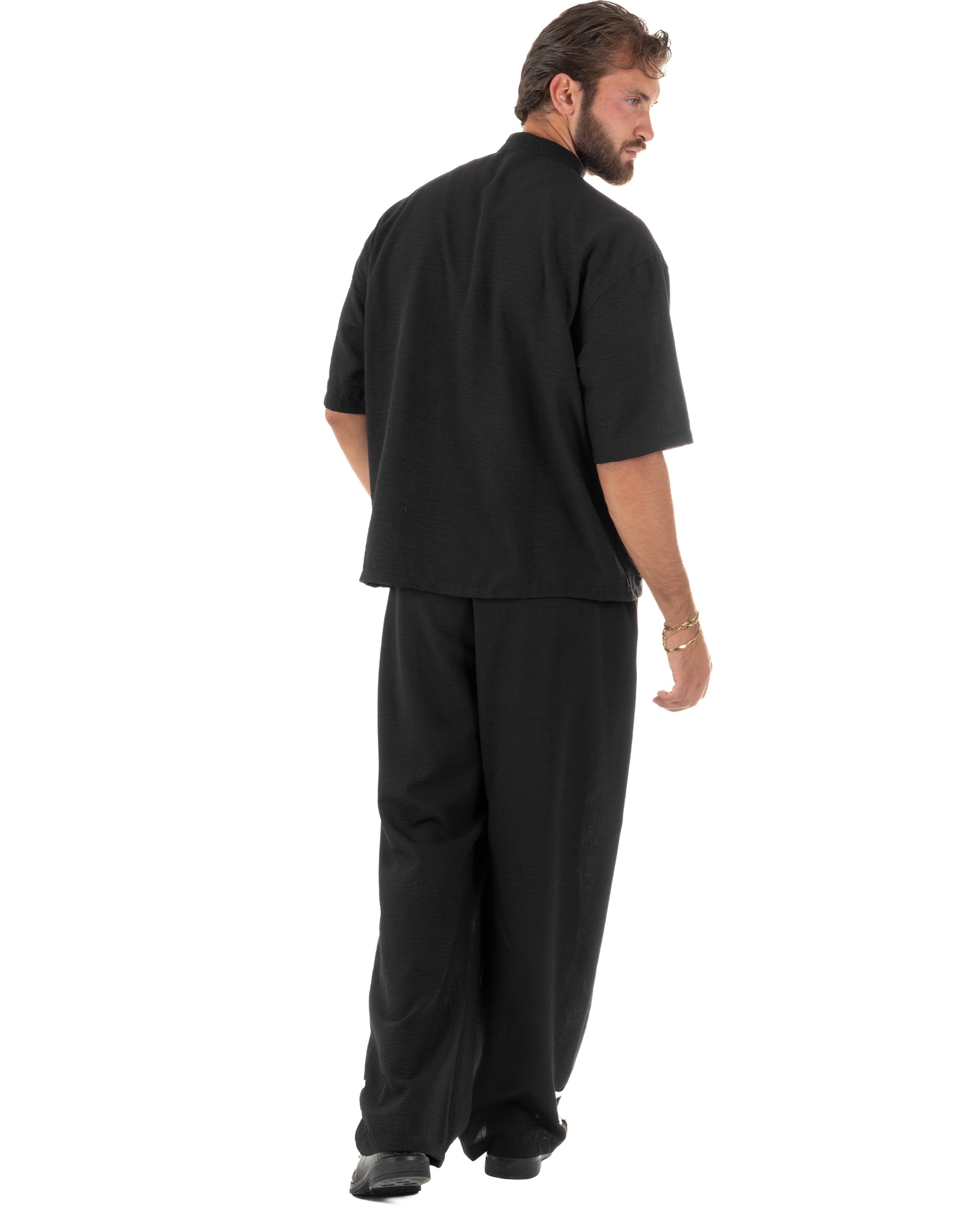 Coordinato uomo completo relaxed camicia coreana orientale pantaloni con coulisse nero GIOSAL-OU2562A