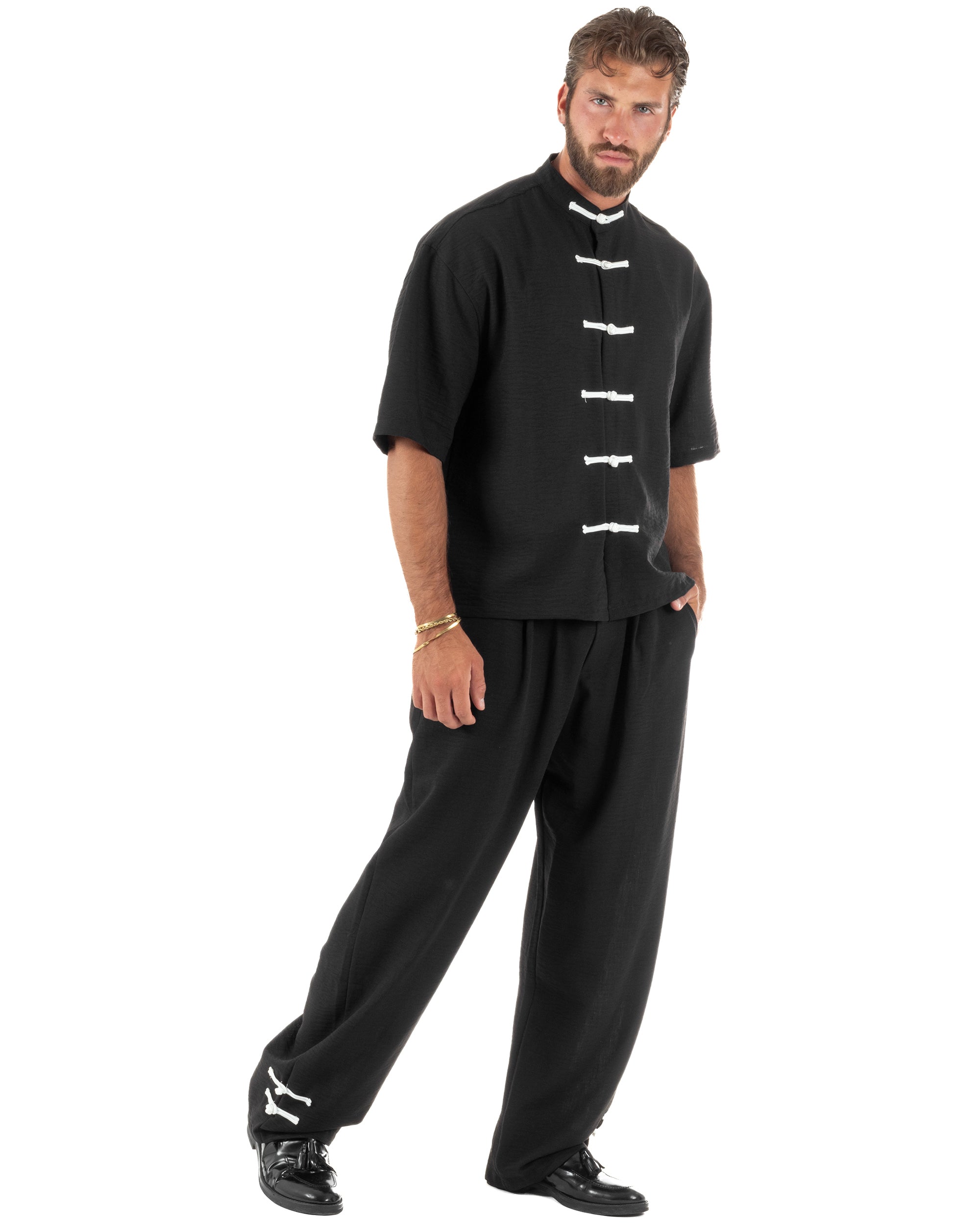 Coordinato uomo completo relaxed camicia coreana orientale pantaloni con coulisse nero GIOSAL-OU2562A
