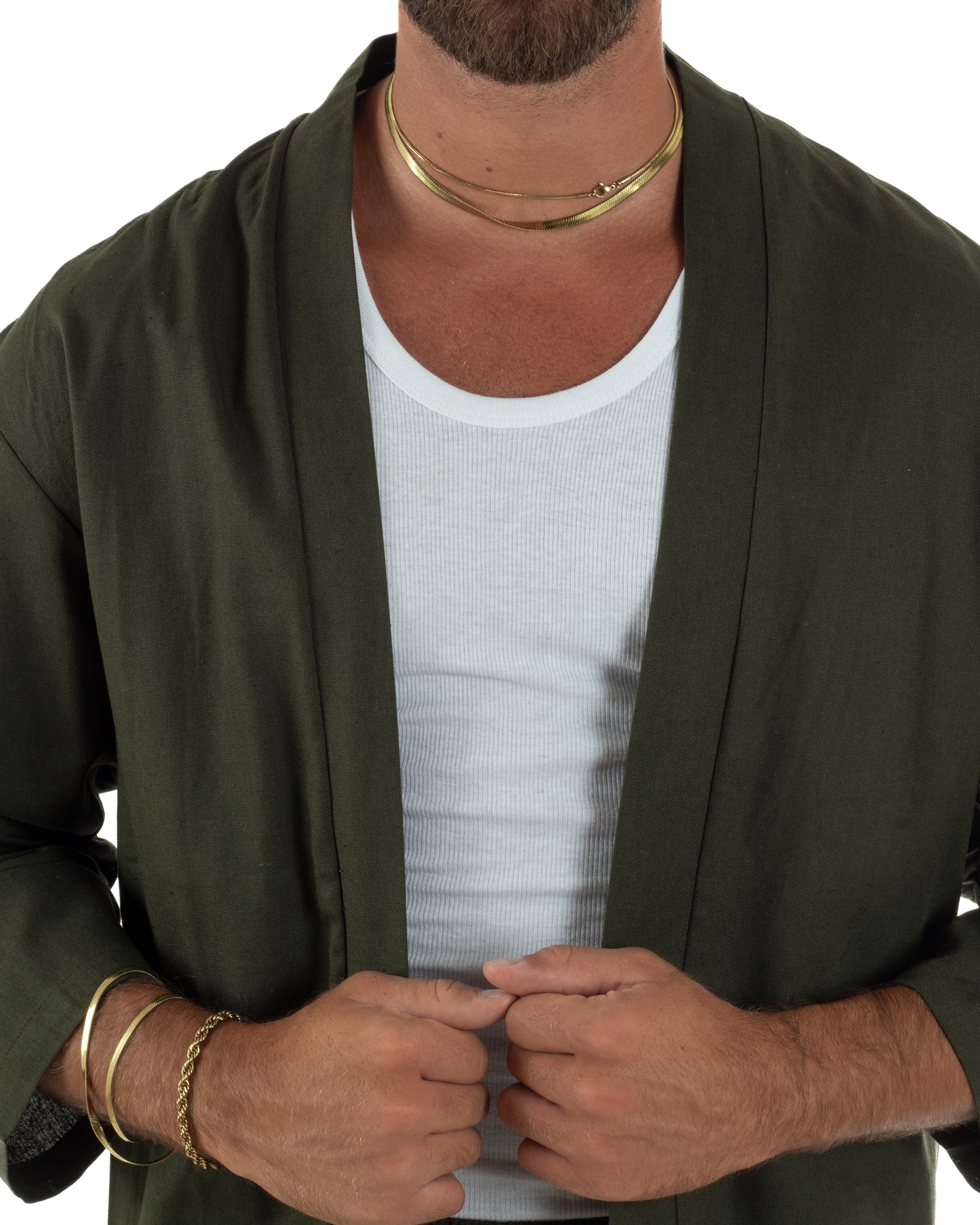 Coordinato uomo completo lino giacca kimono verde GIOSAL-OU2565A