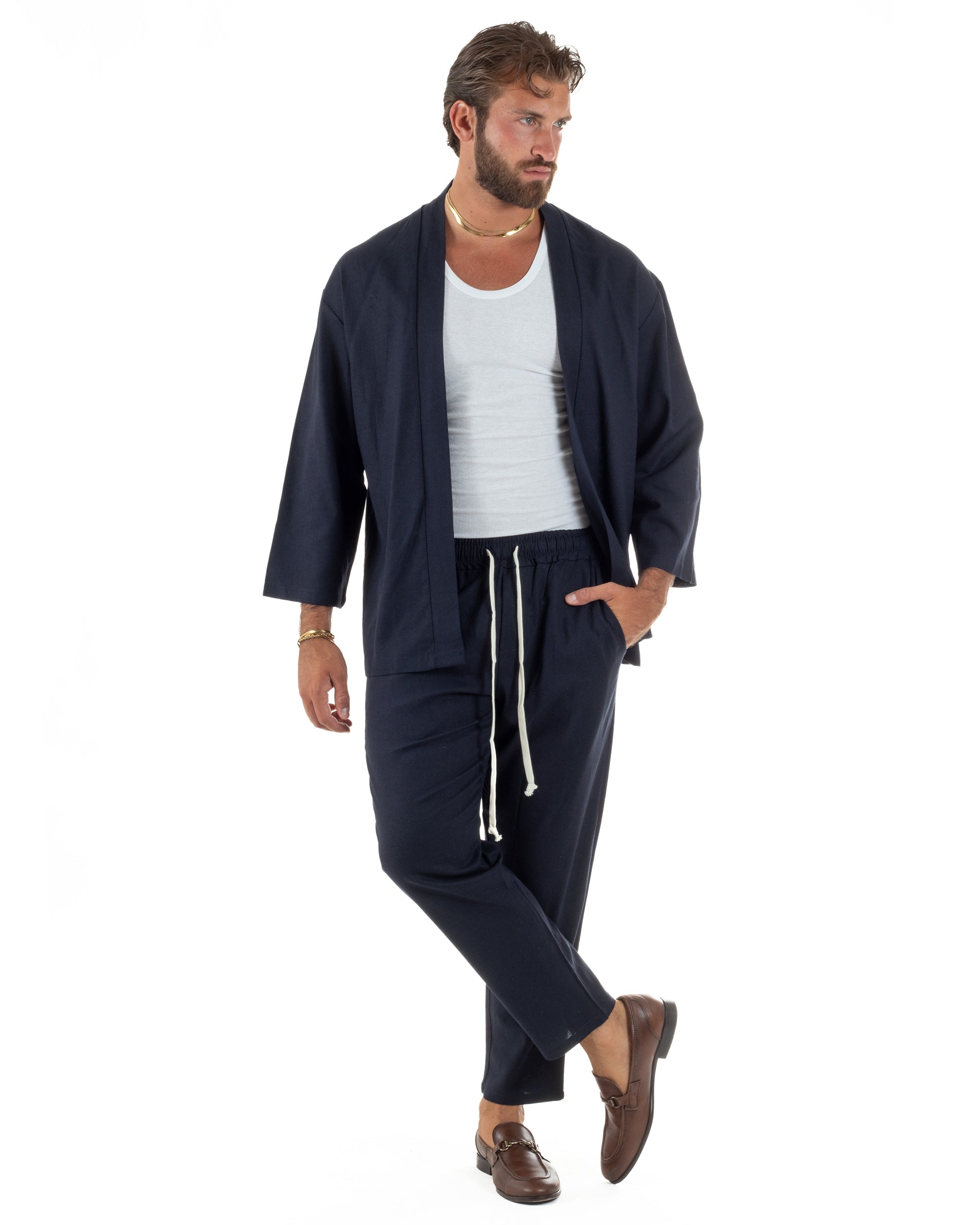 Coordinato uomo completo lino giacca kimono blu GIOSAL-OU2566A