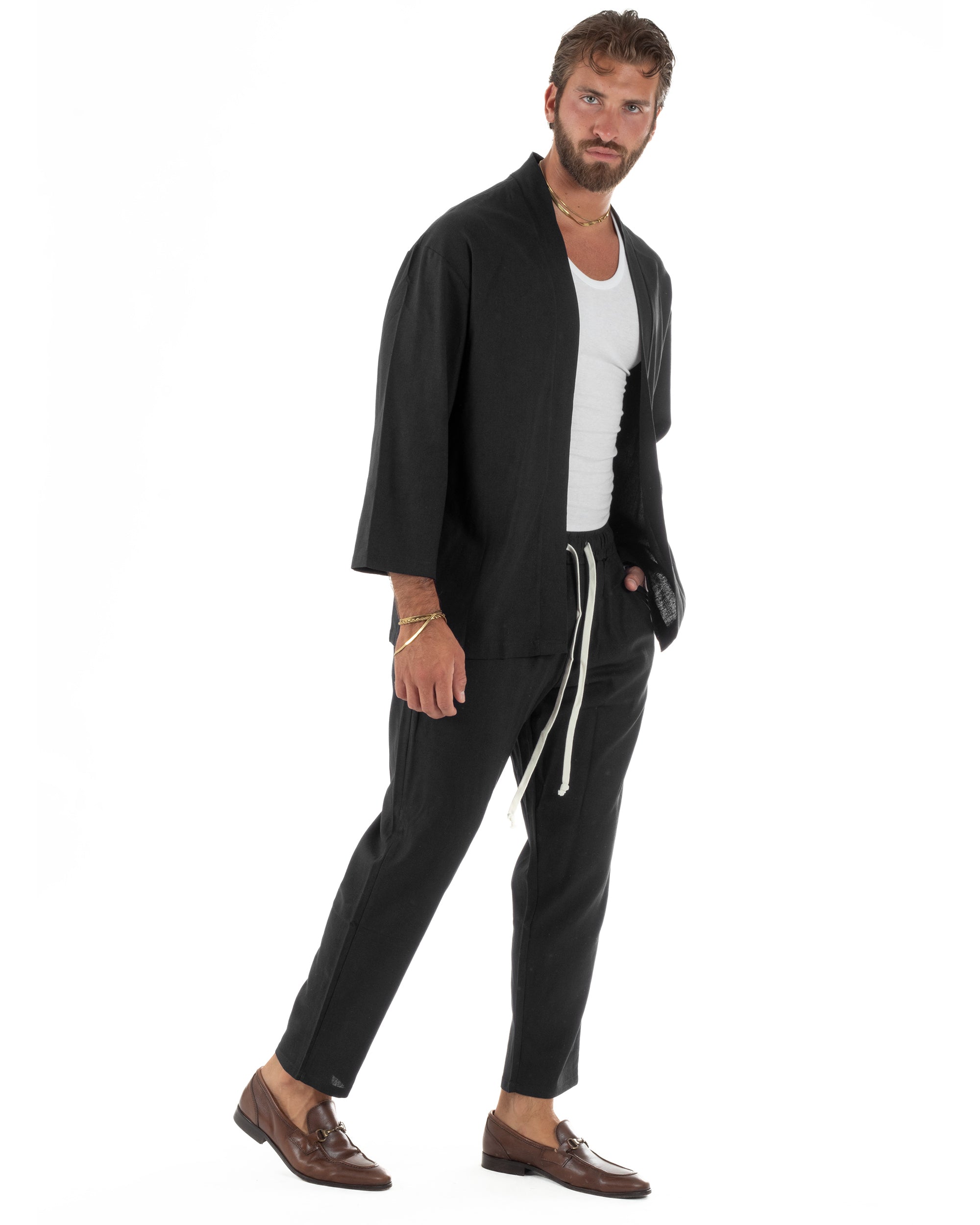 Coordinato uomo completo lino giacca kimono nero GIOSAL-OU2567A