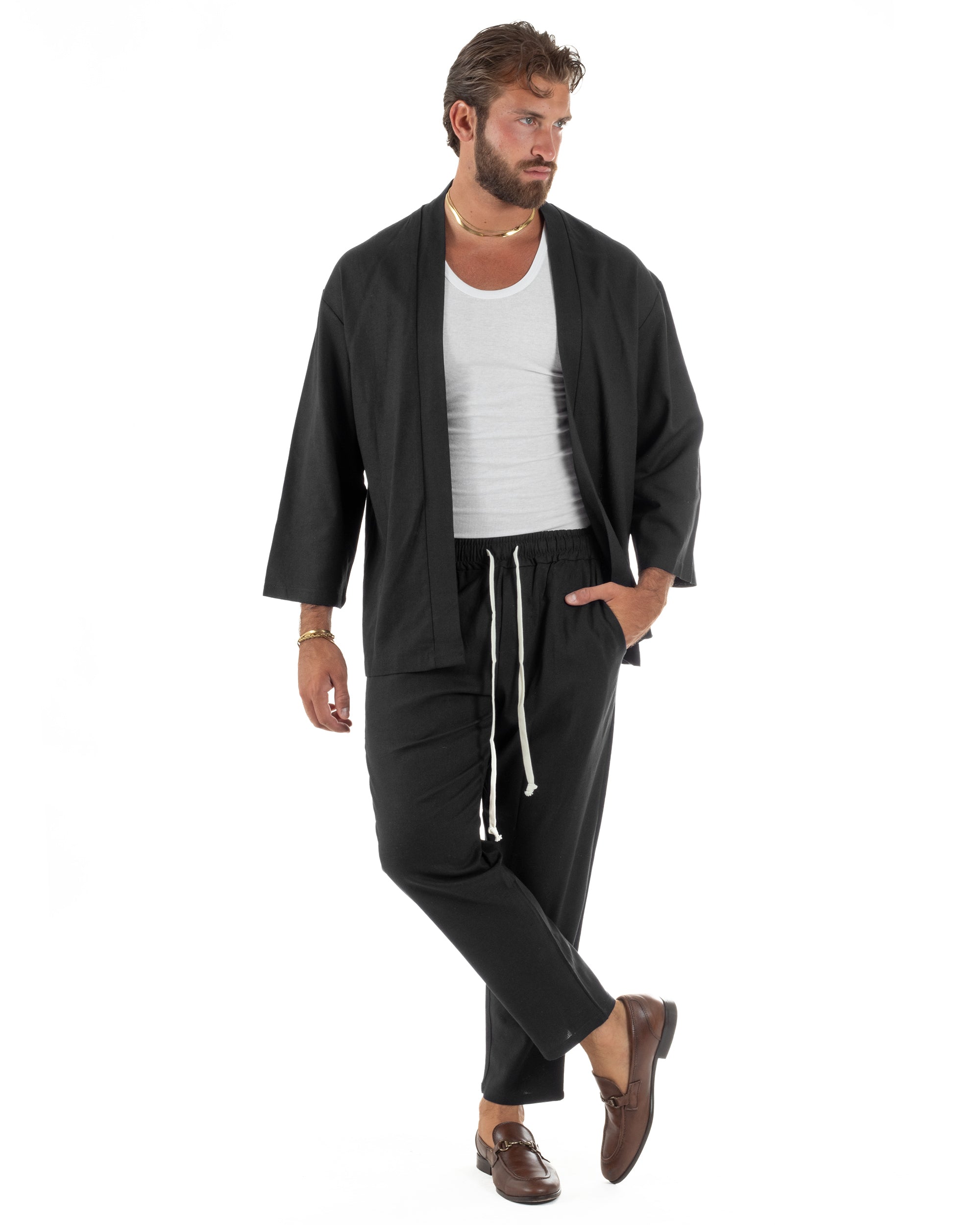 Coordinato uomo completo lino giacca kimono nero GIOSAL-OU2567A