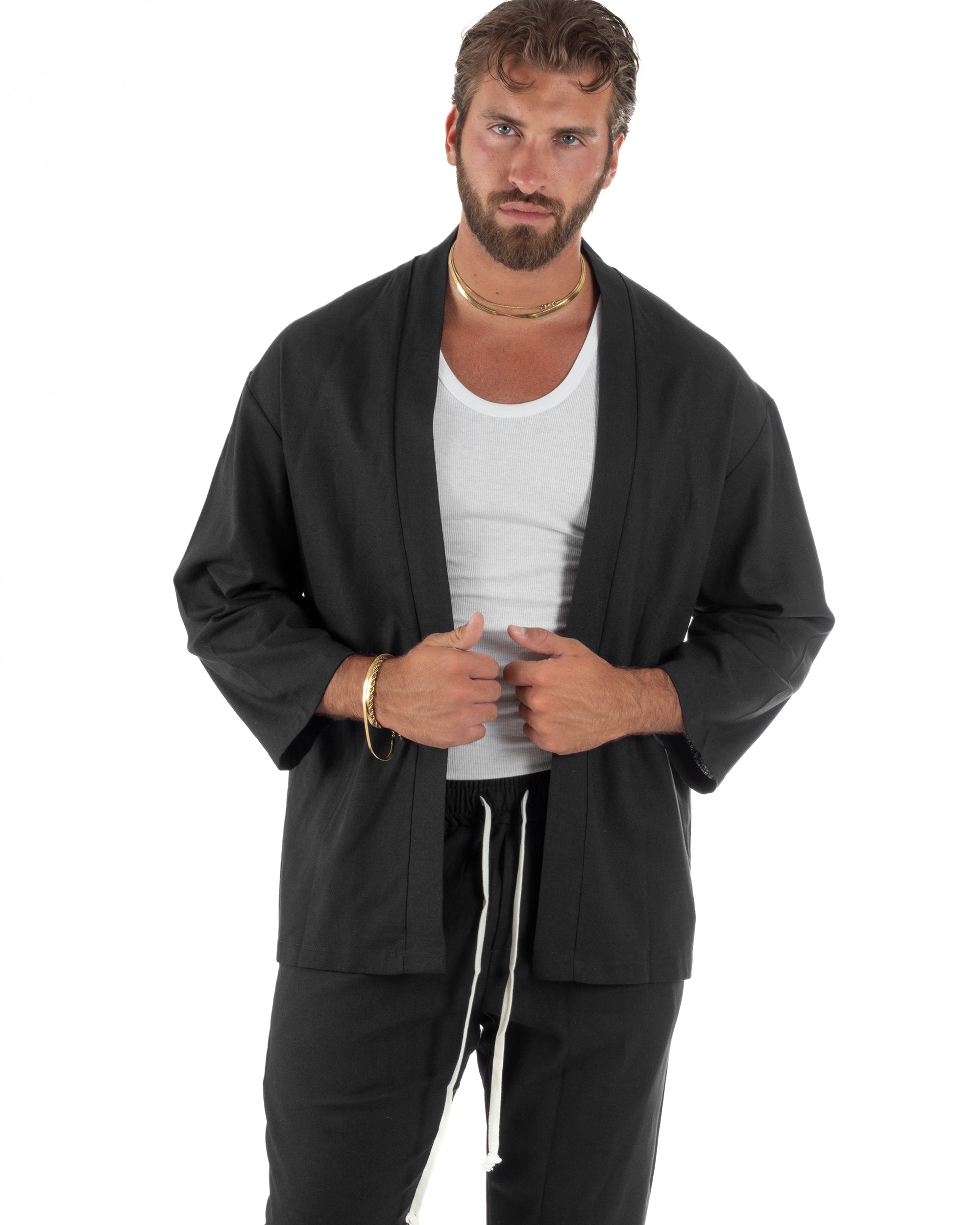 Coordinato uomo completo lino giacca kimono nero GIOSAL-OU2567A