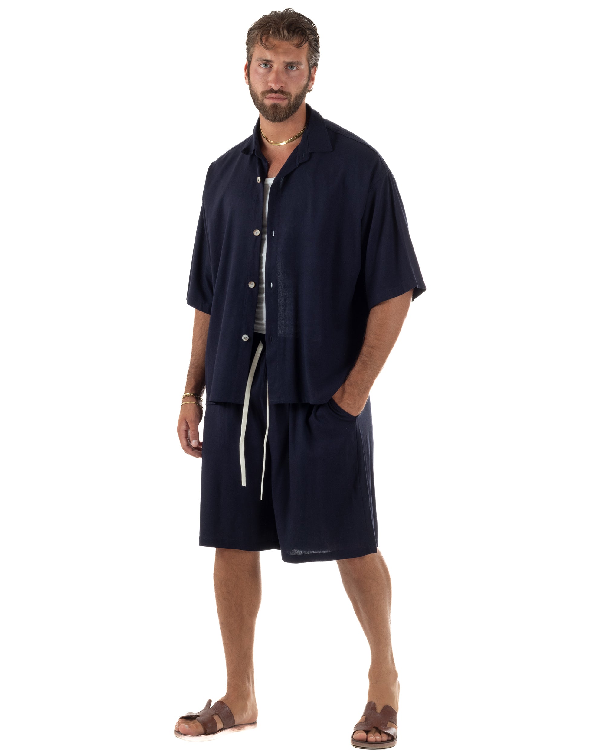 Coordinato uomo completo lino basic camicia bermuda blu GIOSAL-OU2568A