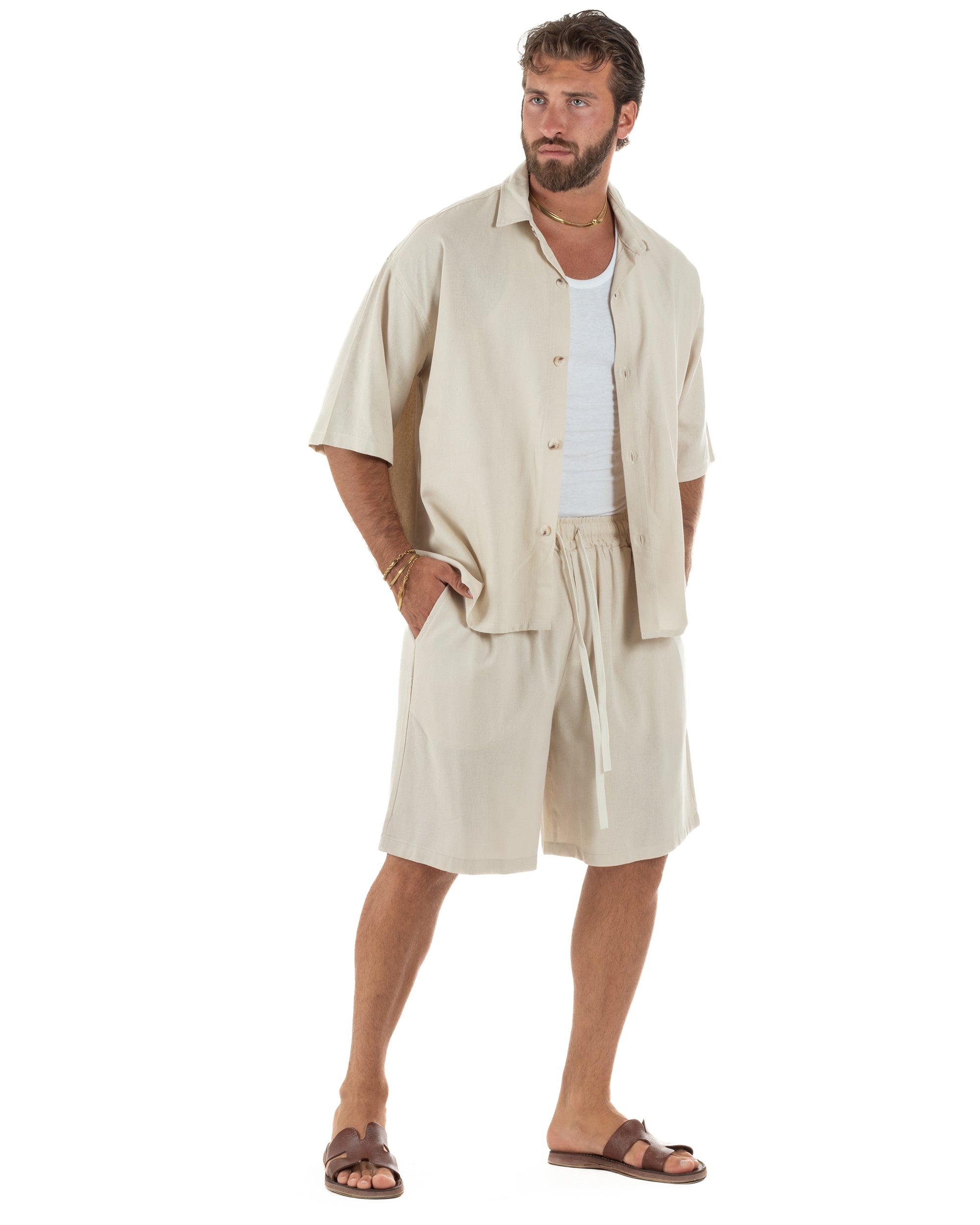 Coordinato uomo completo lino basic camicia bermuda beige GIOSAL-OU2569A