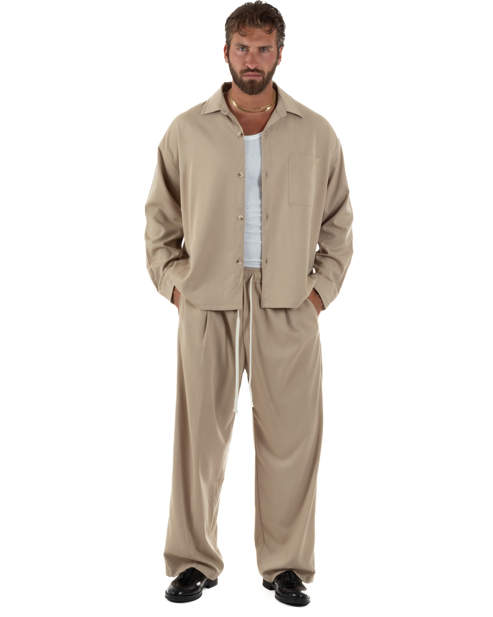 Coordinato uomo completo viscosa baggy fit basic beige GIOSAL-OU2570A