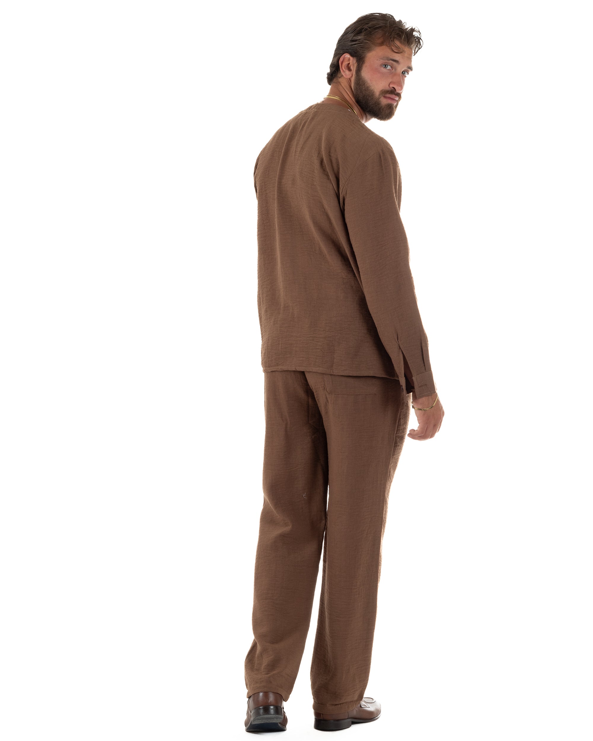 Coordinato viscosa fiammato giacca coreana scollo v pantaloni baggy marrone GIOSAL-OU2571A