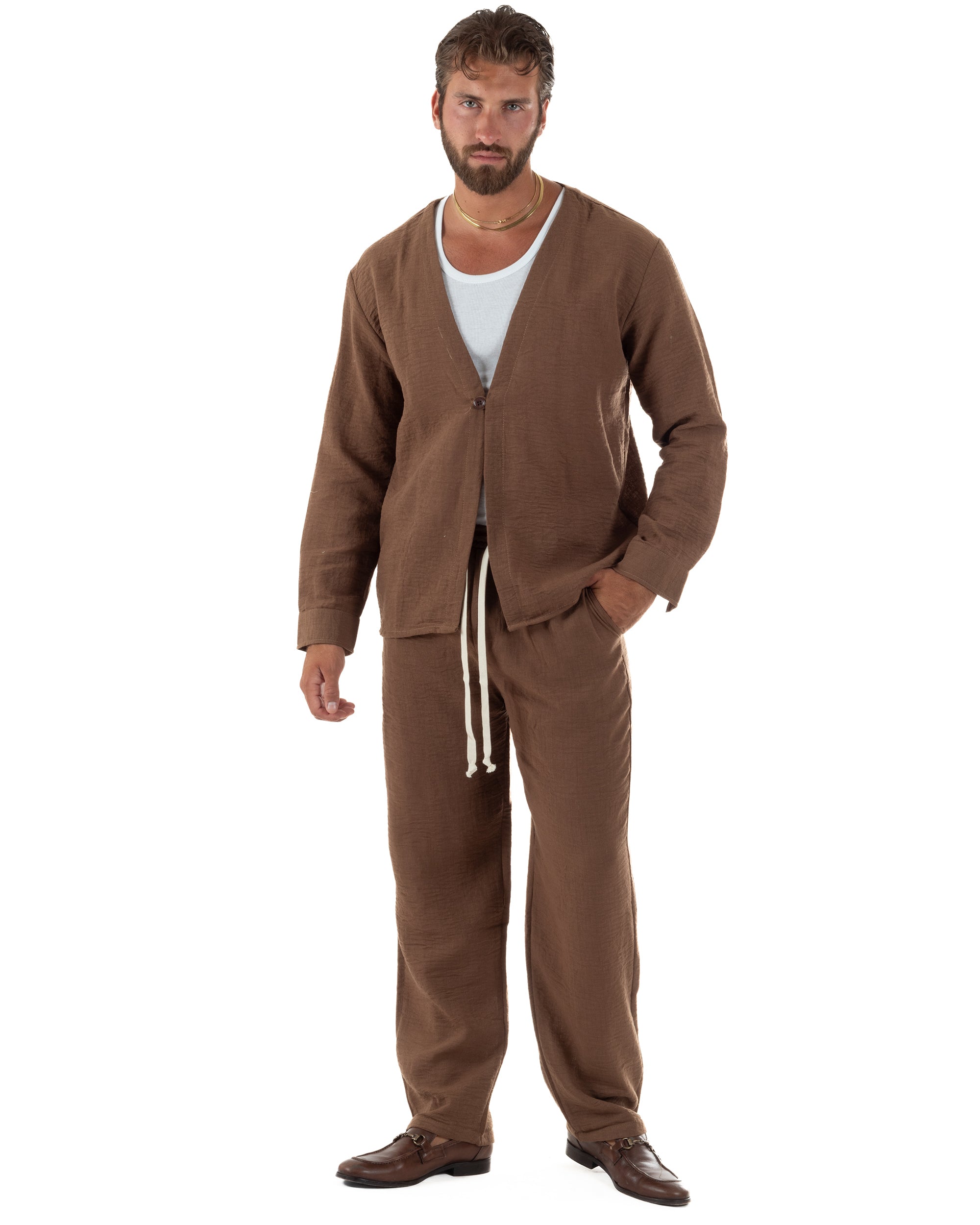 Coordinato viscosa fiammato giacca coreana scollo v pantaloni baggy marrone GIOSAL-OU2571A