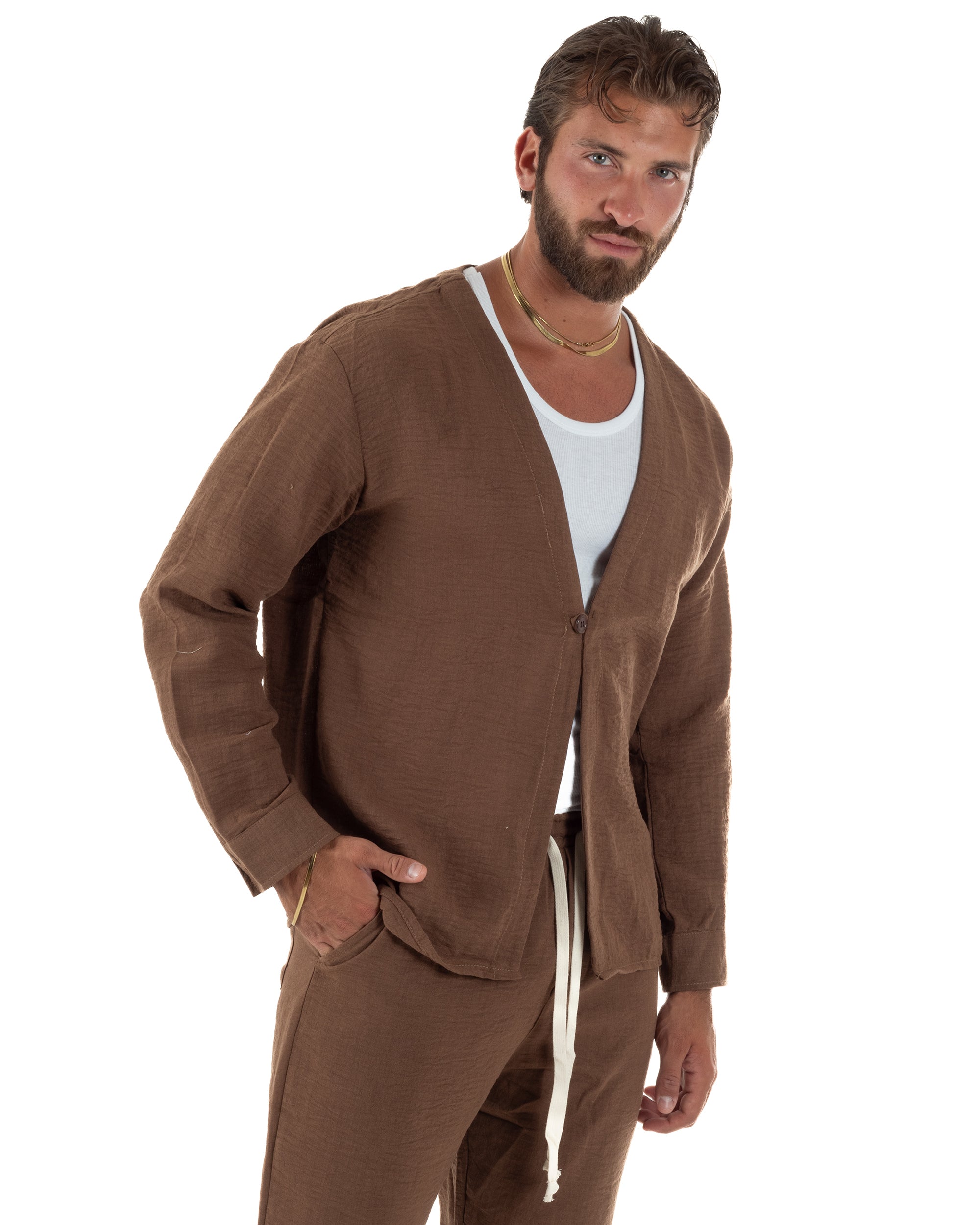 Coordinato viscosa fiammato giacca coreana scollo v pantaloni baggy marrone GIOSAL-OU2571A