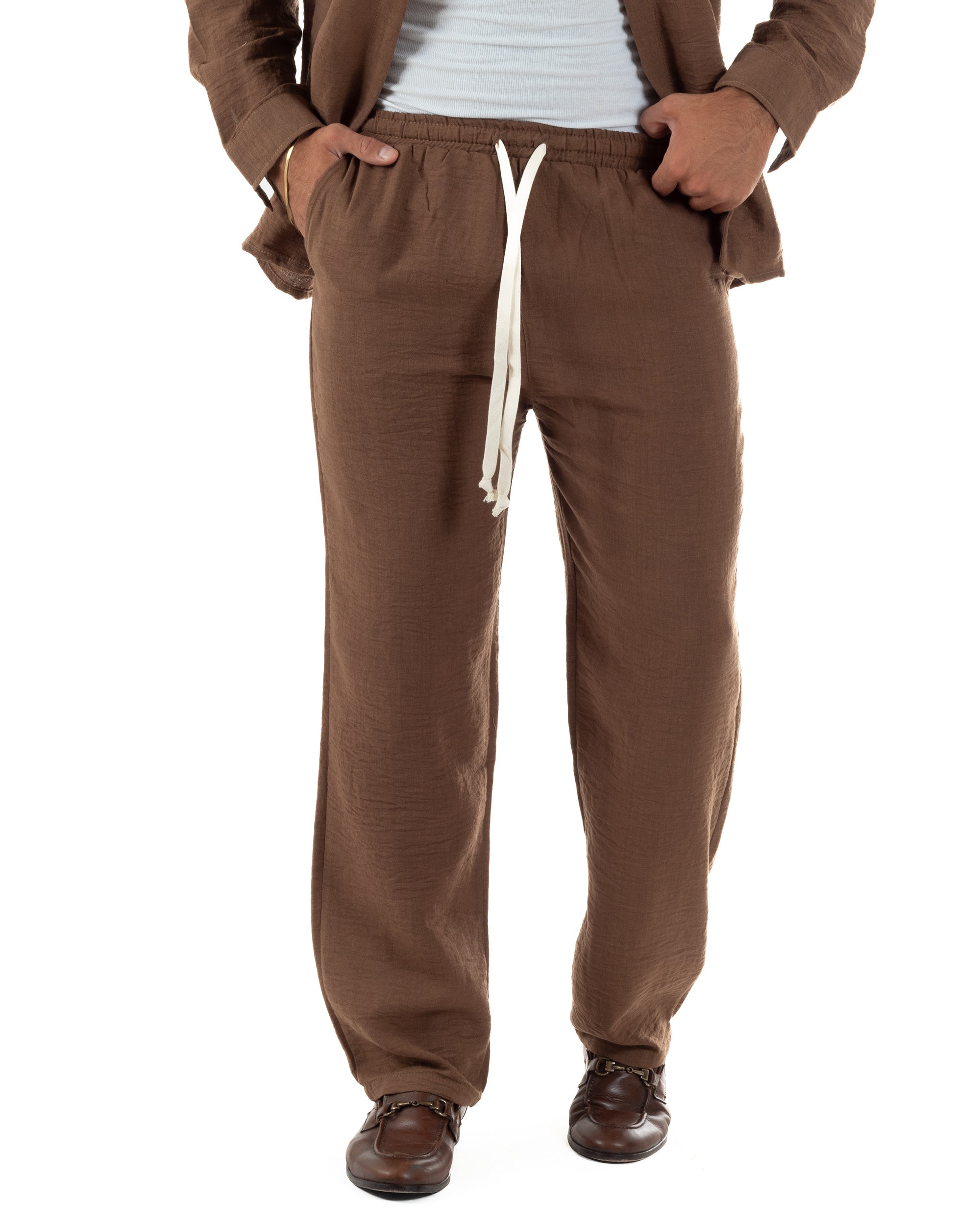 Coordinato viscosa fiammato giacca coreana scollo v pantaloni baggy marrone GIOSAL-OU2571A