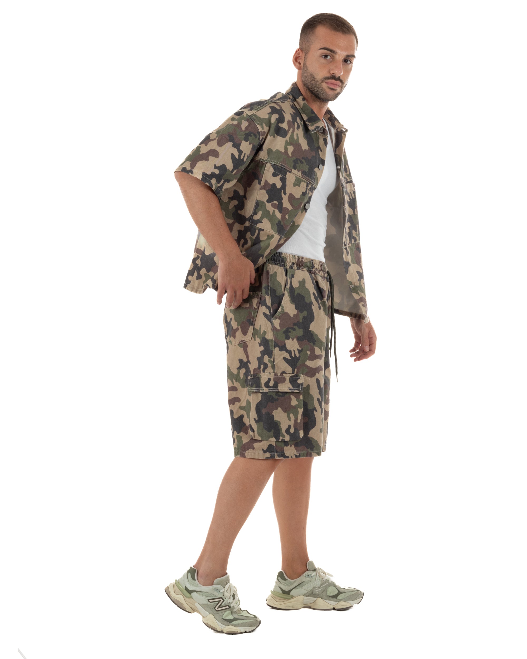 Coordinato uomo completo camicia bermuda cargo mimetico verde militare GIOSAL-OU2575A