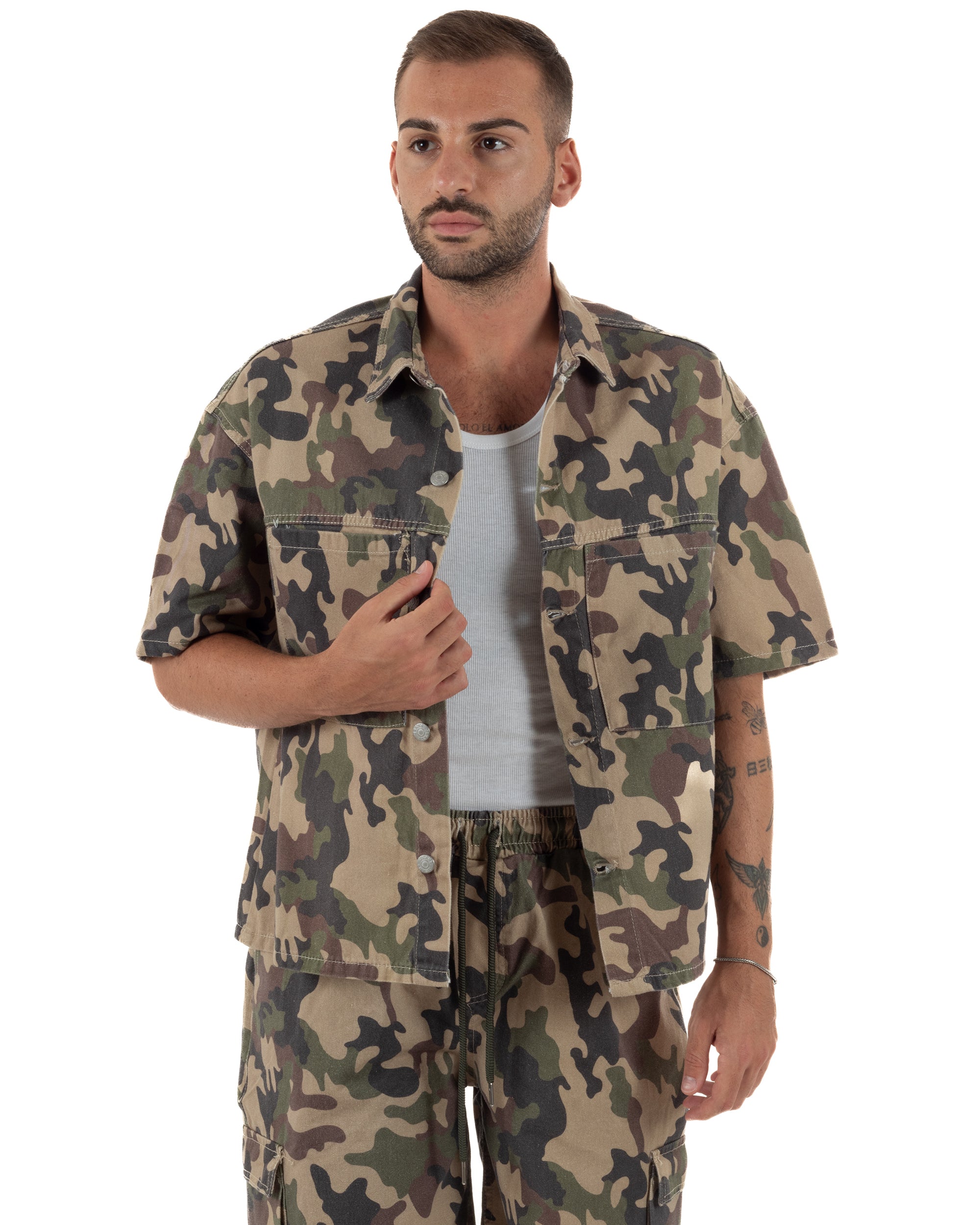 Coordinato uomo completo camicia bermuda cargo mimetico verde militare GIOSAL-OU2575A