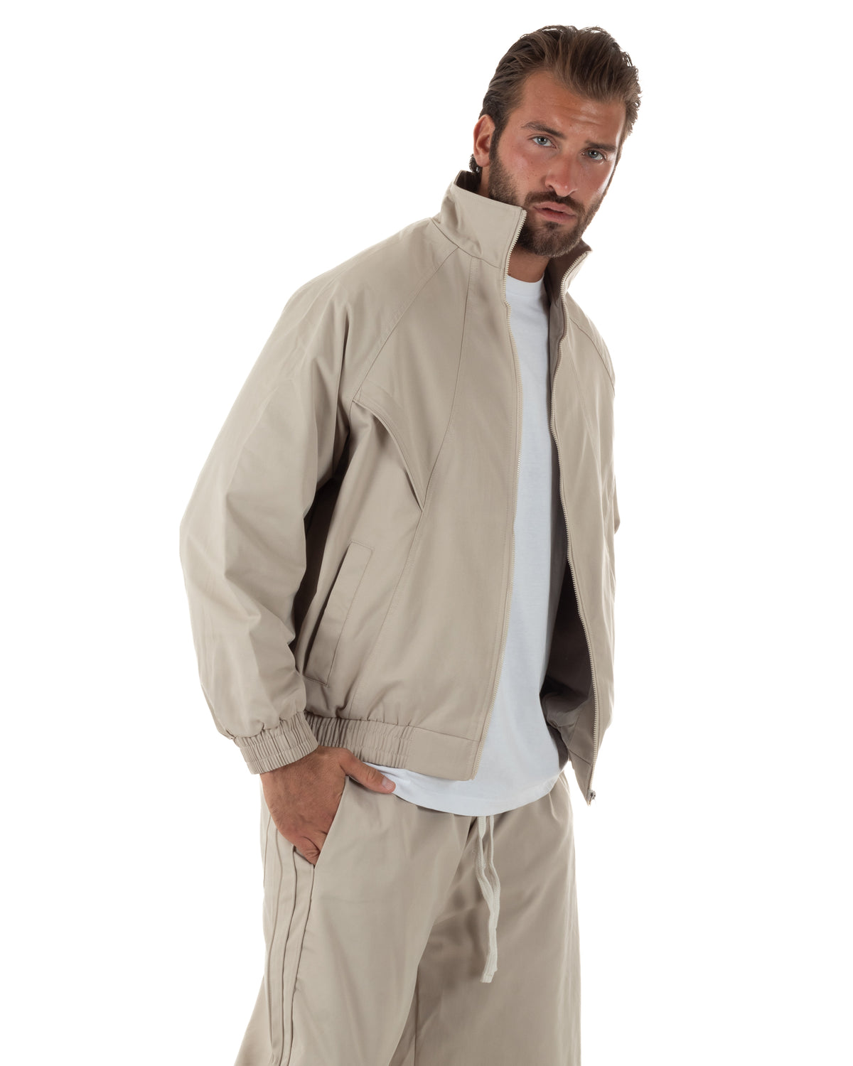 Coordinato tuta uomo tessuto tecnico giacca pantaloni baggy beige GIOSAL-OU2578A