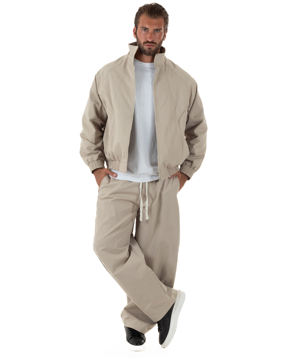 Coordinato tuta uomo tessuto tecnico giacca pantaloni baggy beige GIOSAL-OU2578A