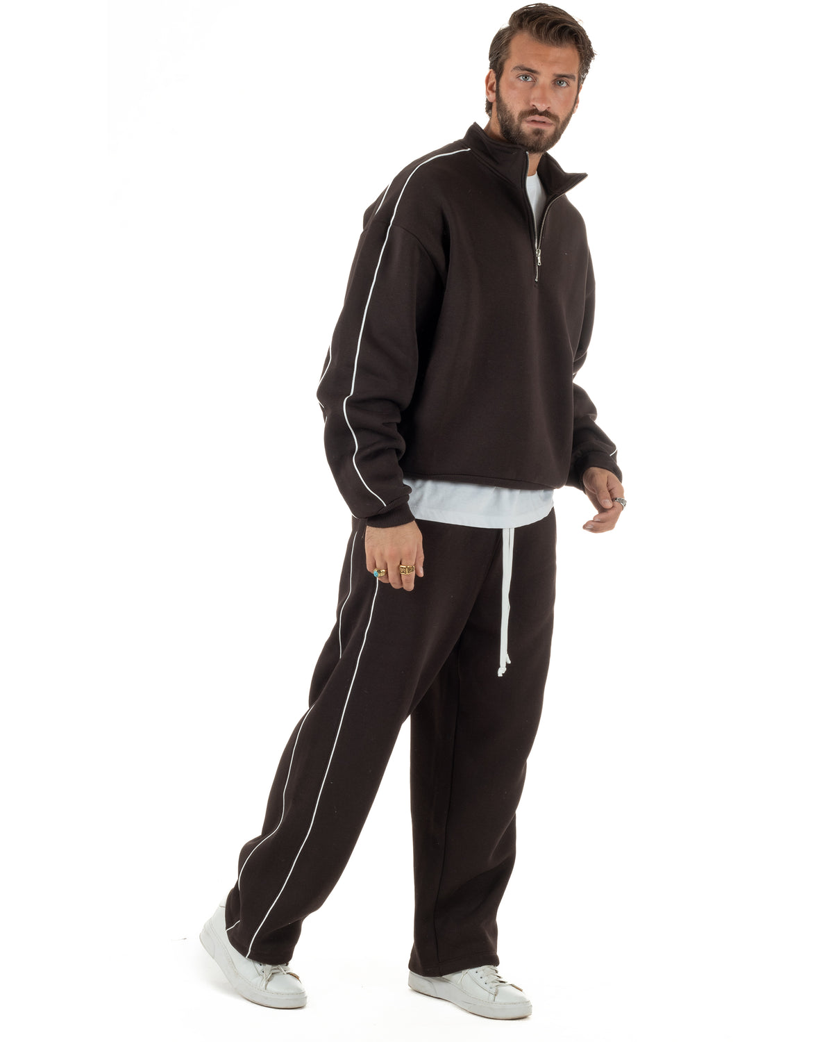 Coordinato tuta uomo oversize collo alto felpa mezza zip pantaloni wide leg marrone GIOSAL-OU2580A