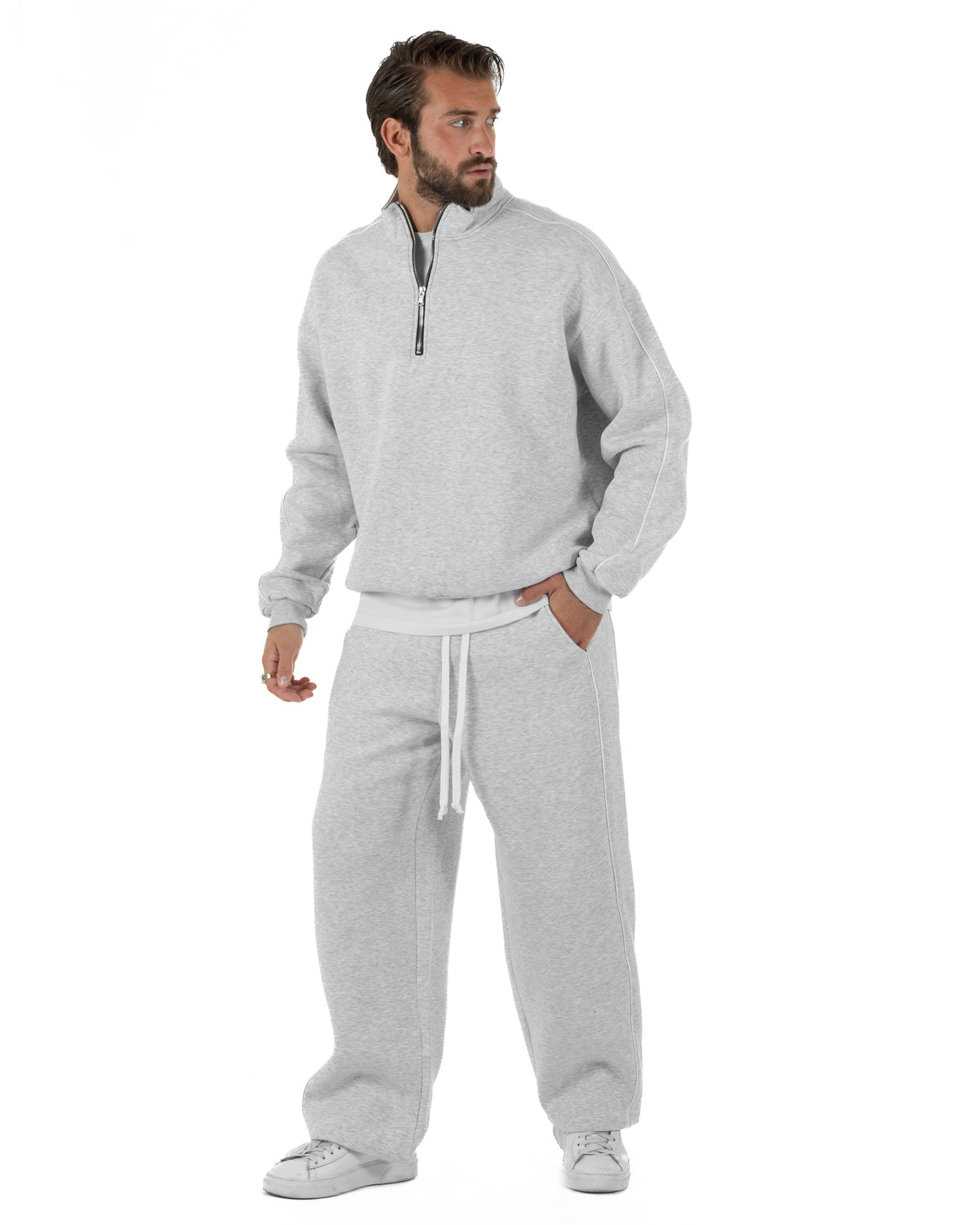 Coordinato tuta uomo oversize collo alto felpa mezza zip pantaloni wide leg grigio GIOSAL-OU2582A