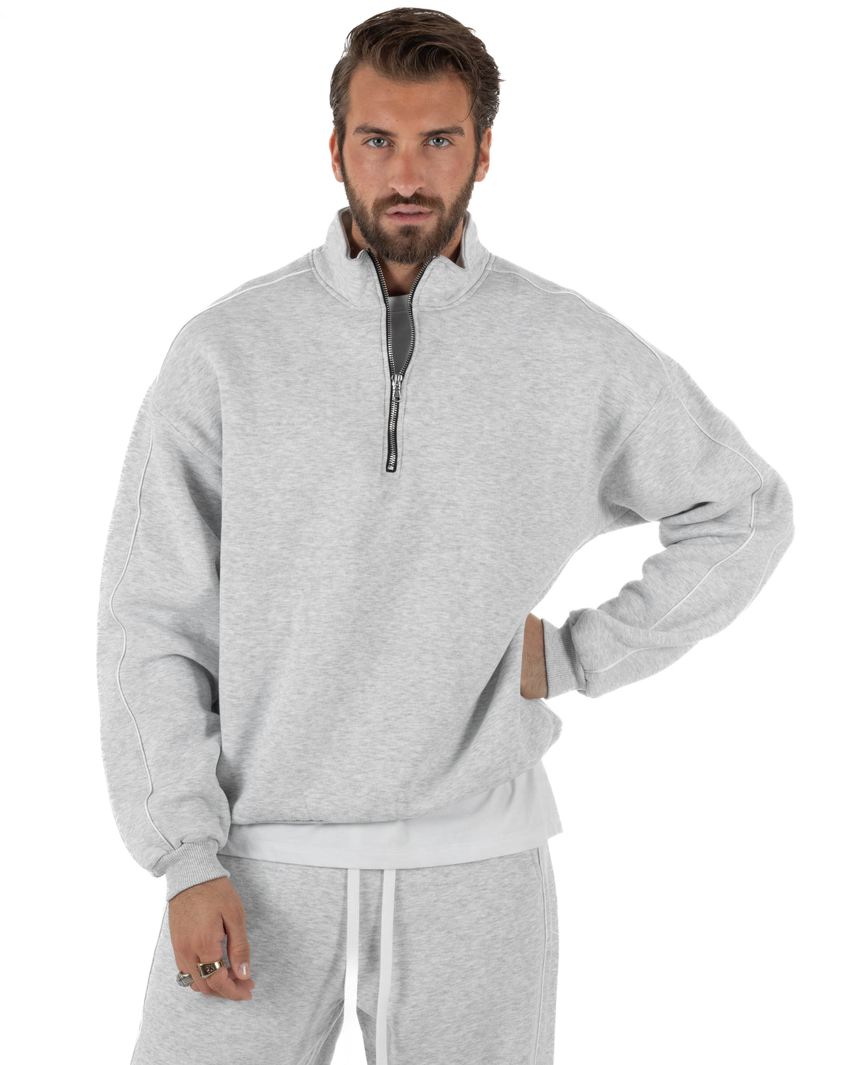 Coordinato tuta uomo oversize collo alto felpa mezza zip pantaloni wide leg grigio GIOSAL-OU2582A