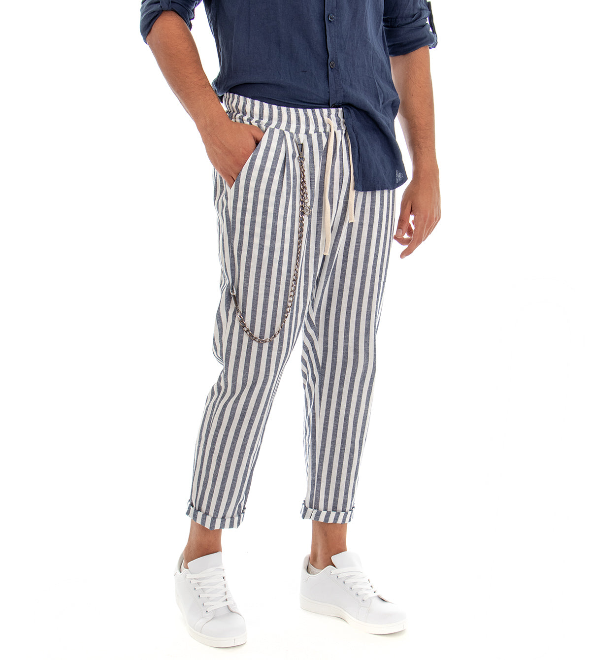 Pantaloni Uomo Lino Rigato Elastico Pantalaccio Casual Blu GIOSAL-P2974A