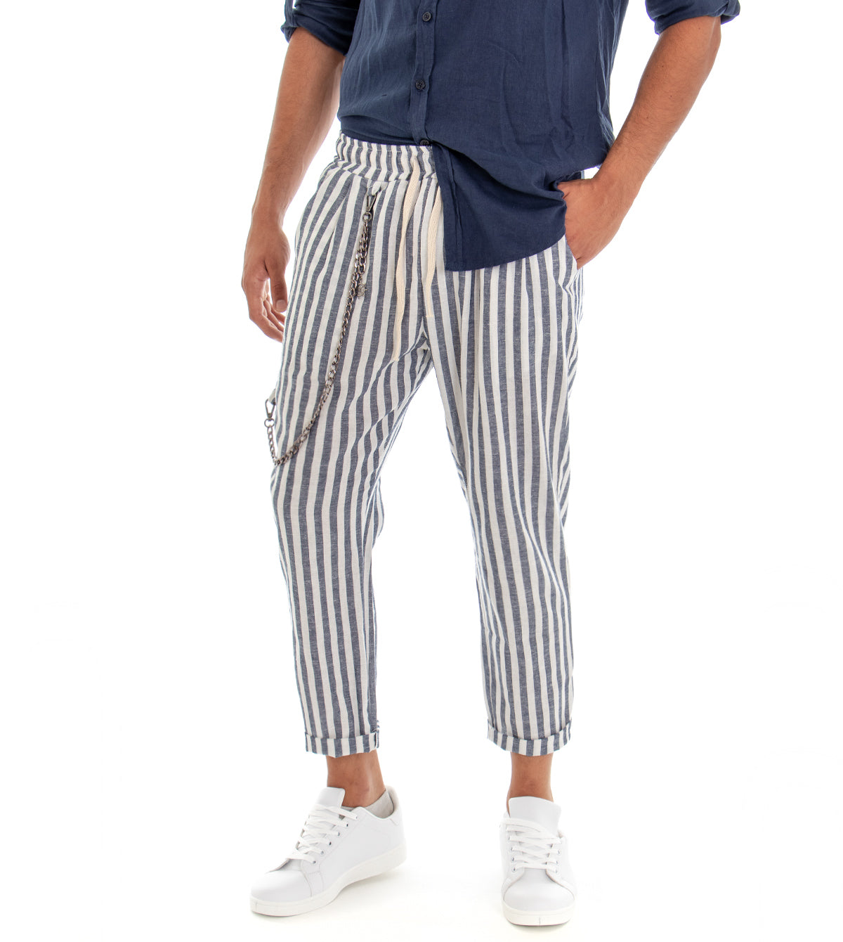 Pantaloni Uomo Lino Rigato Elastico Pantalaccio Casual Blu GIOSAL-P2974A