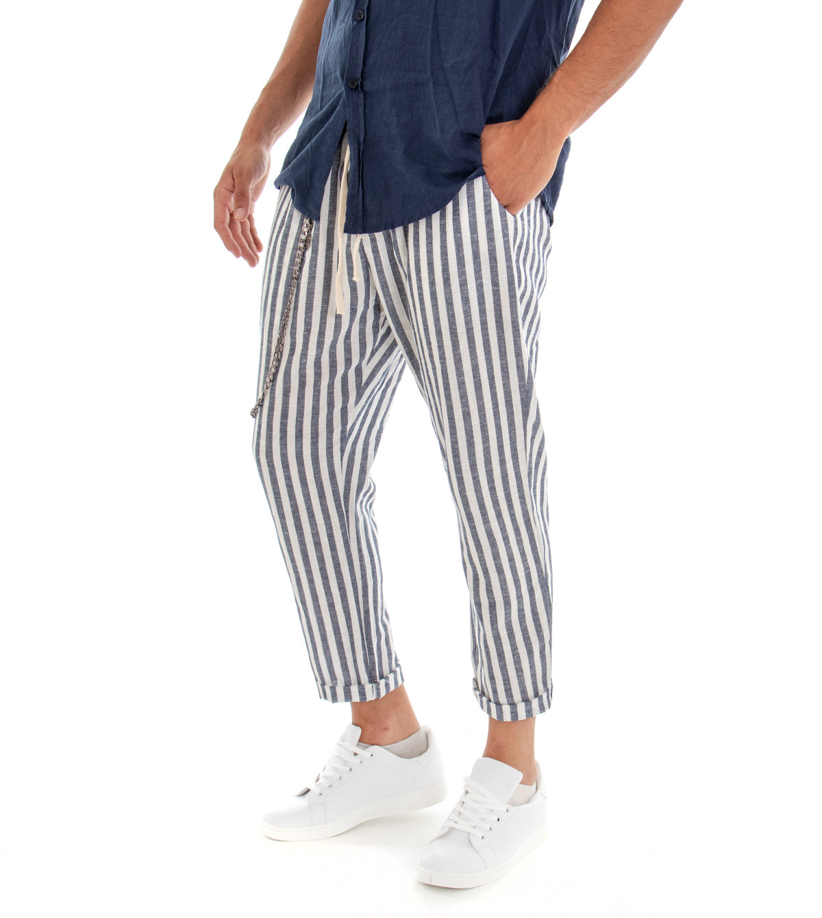 Pantaloni Uomo Lino Rigato Elastico Pantalaccio Casual Blu GIOSAL-P2974A