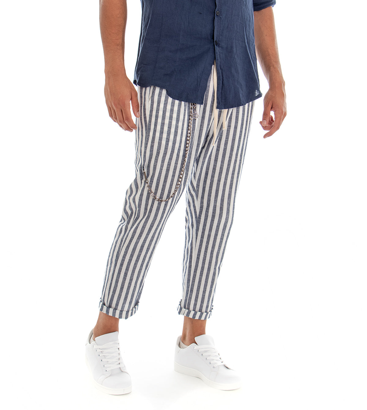 Pantaloni Uomo Lino Rigato Elastico Pantalaccio Casual Blu GIOSAL-P2974A