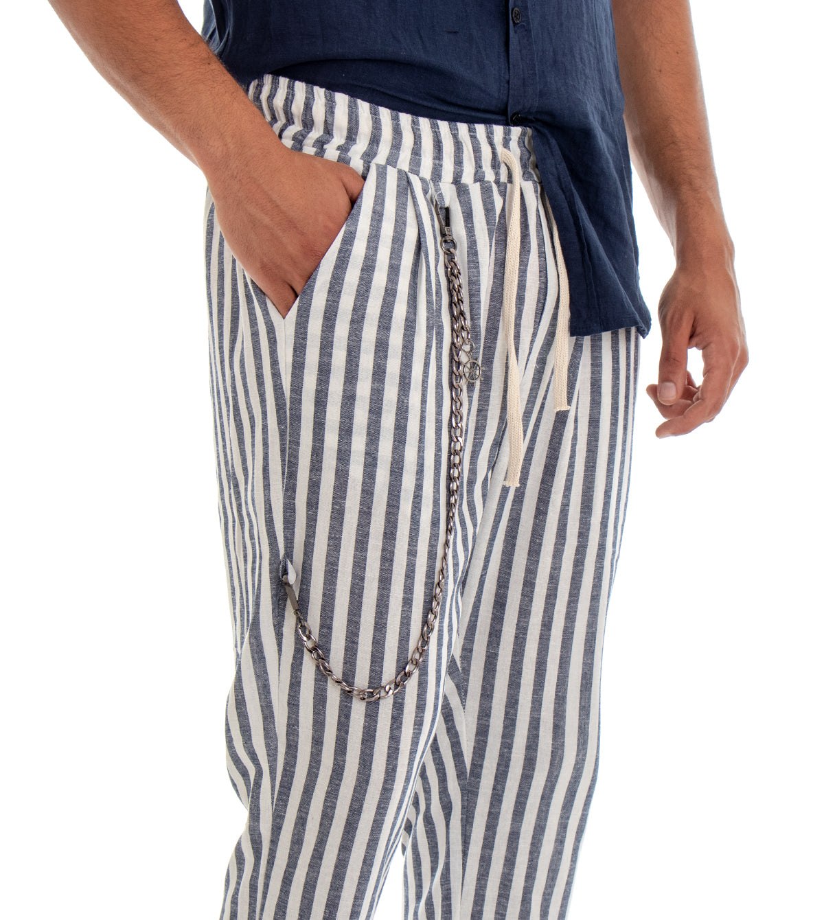 Pantaloni Uomo Lino Rigato Elastico Pantalaccio Casual Blu GIOSAL-P2974A